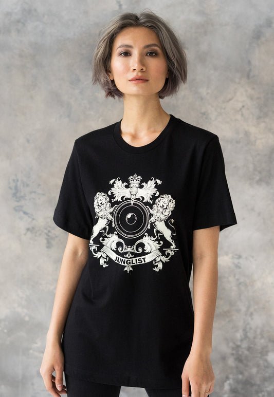 Junglist Coat Of Arms T Shirt - Jungle Massive Crest Lion Heraldry Drum and Bass DJ & Bass Synth Festival Dubstep Womens Mens Printed Tee