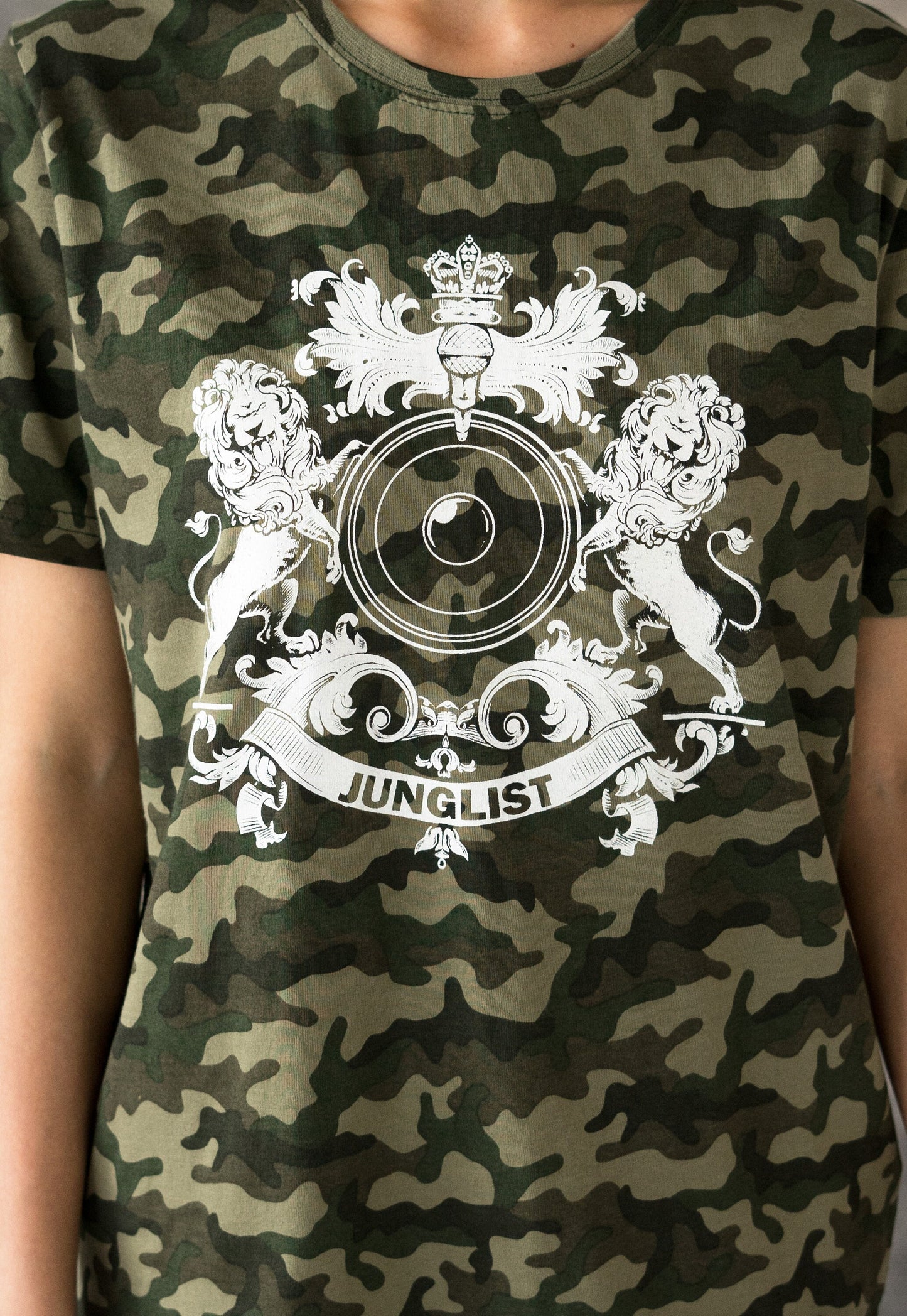 Junglist Coat Of Arms T Shirt Jungle Massive Crest Drum and Bass DJ & Synth Music Festival Camo Camouflage Graphic Women's Printed Tee