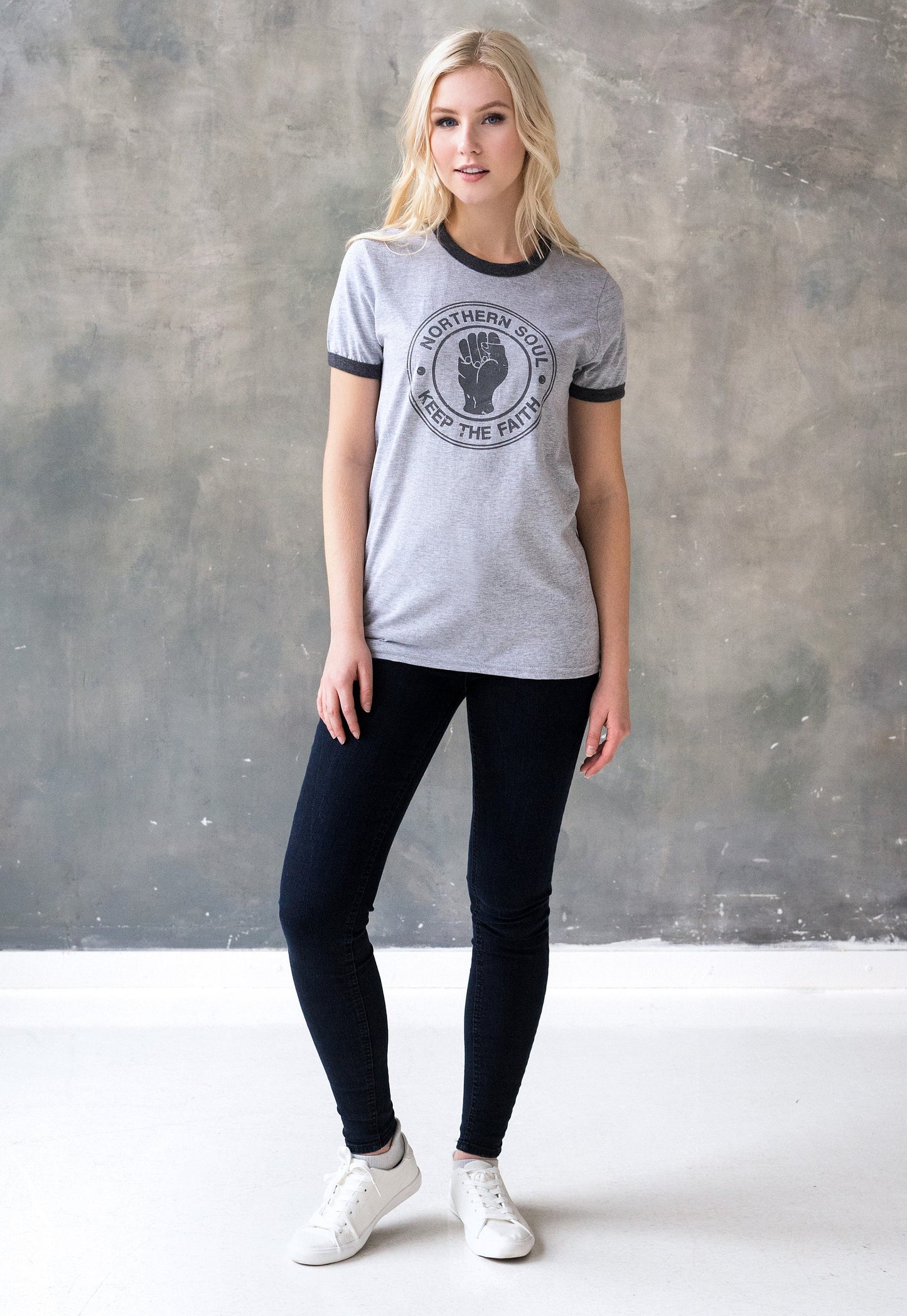 Northern Soul Ringer T Shirt Keep The Faith Logo Distressed Burnout Retro Mod Mods Soul 60s Vintage Style Women's Printed T-Shirt Top Tee