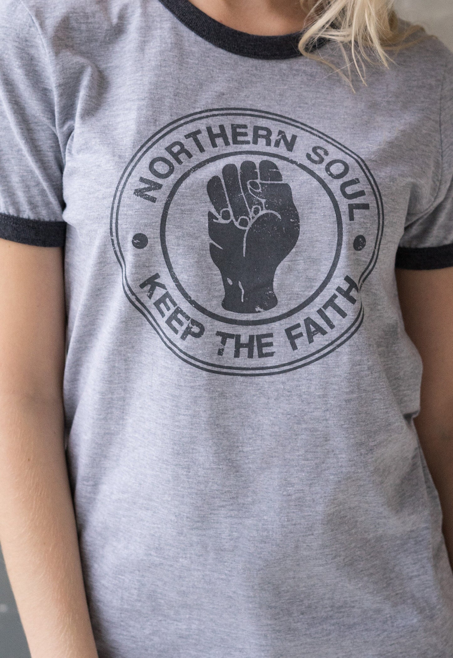 Northern Soul Ringer T Shirt Keep The Faith Logo Distressed Burnout Retro Mod Mods Soul 60s Vintage Style Women's Printed T-Shirt Top Tee