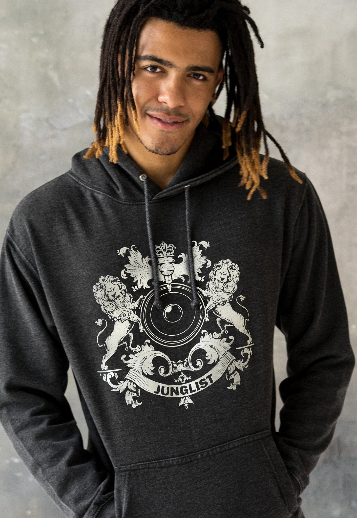 Junglist Coat Of Arms Hoodie Drum and Bass Jungle Crest Female DJ & Music Producer Festival Sweatshirt Washed Brushed Womens Mens Hooded Top