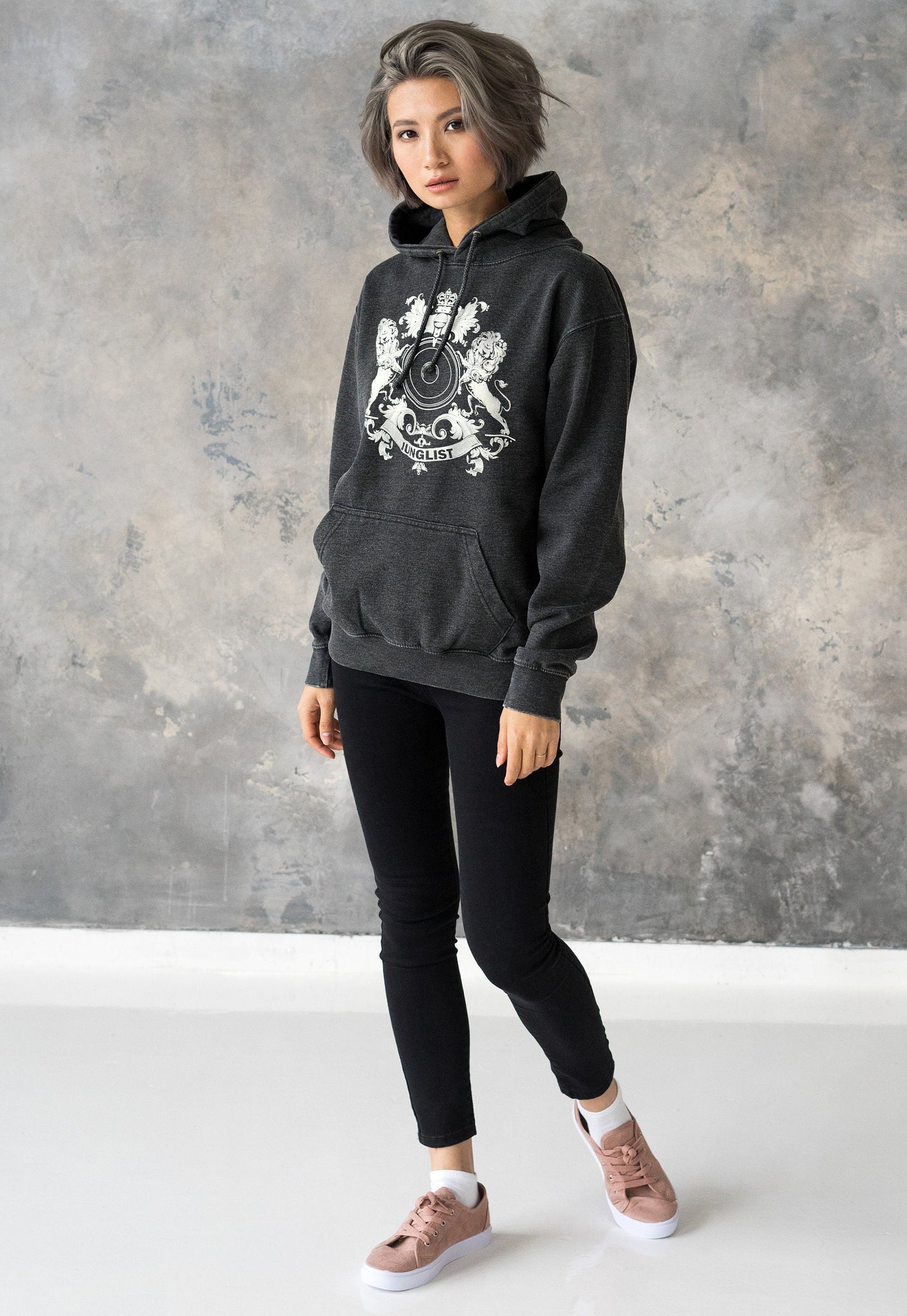 Junglist Coat Of Arms Hoodie Drum and Bass Jungle Crest Female DJ & Music Producer Festival Sweatshirt Washed Brushed Womens Mens Hooded Top