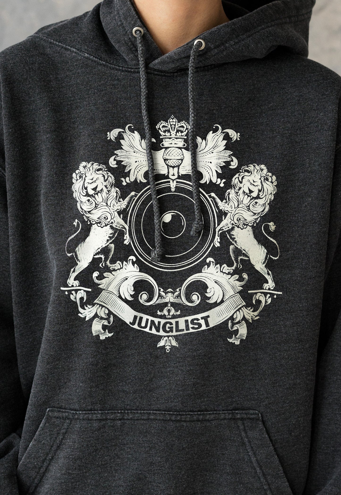 Junglist Coat Of Arms Hoodie Drum and Bass Jungle Crest Female DJ & Music Producer Festival Sweatshirt Washed Brushed Womens Mens Hooded Top
