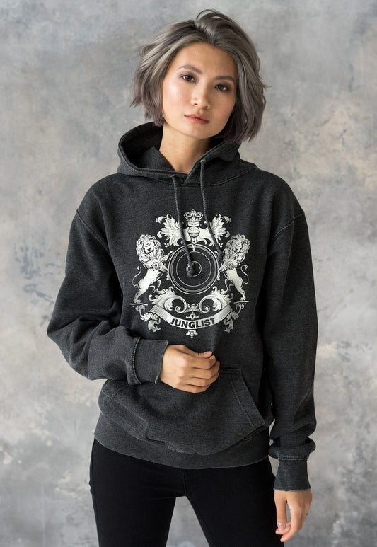 Junglist Coat Of Arms Hoodie Drum and Bass Jungle Crest Female DJ & Music Producer Festival Sweatshirt Washed Brushed Womens Mens Hooded Top