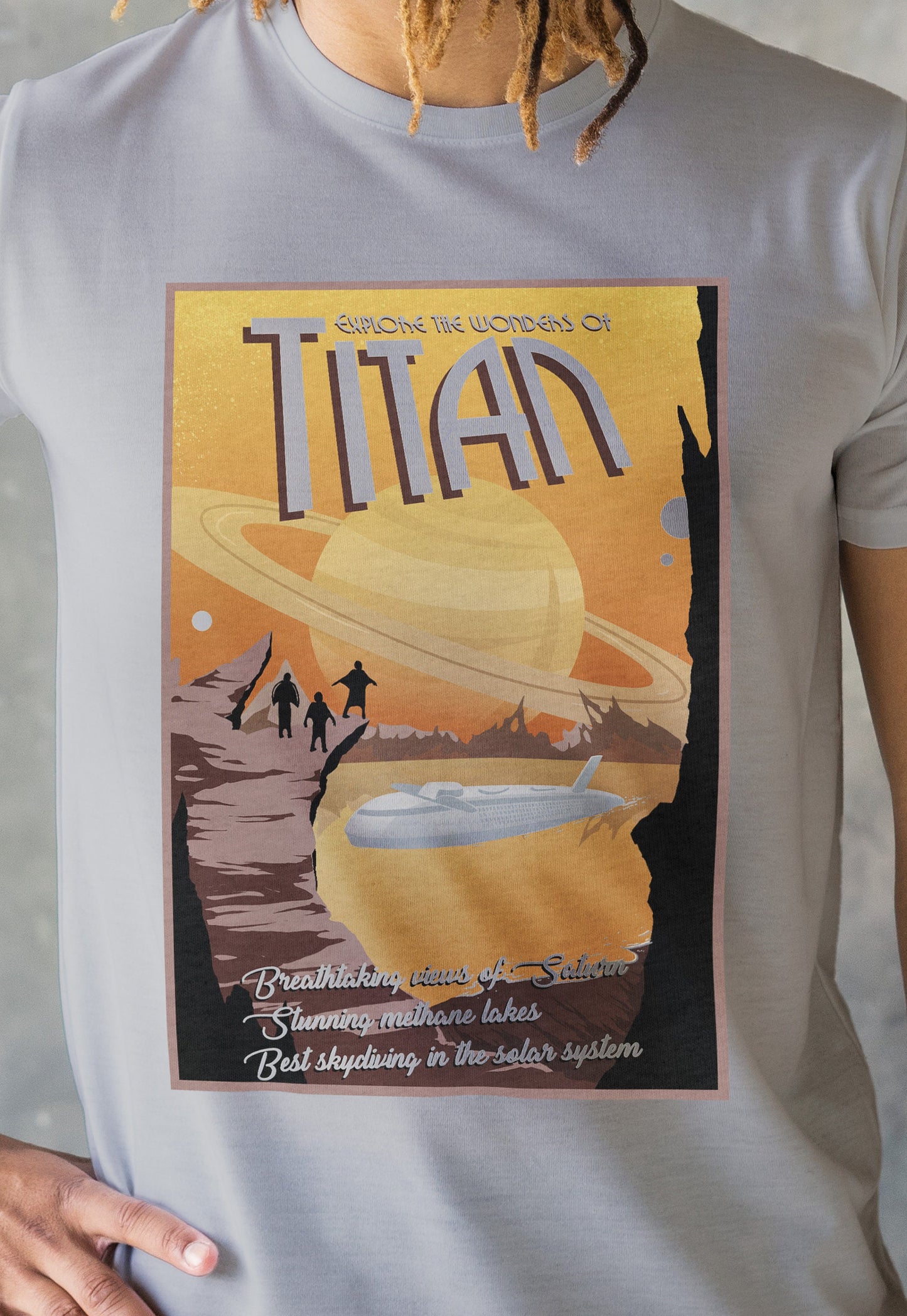 Visit Titan T Shirt Retro Travel Poster Hard Science Sci Fi Geek Geeky Astronomy Mars Saturn Mission Cosmos Space Men's Unisex Printed Tee