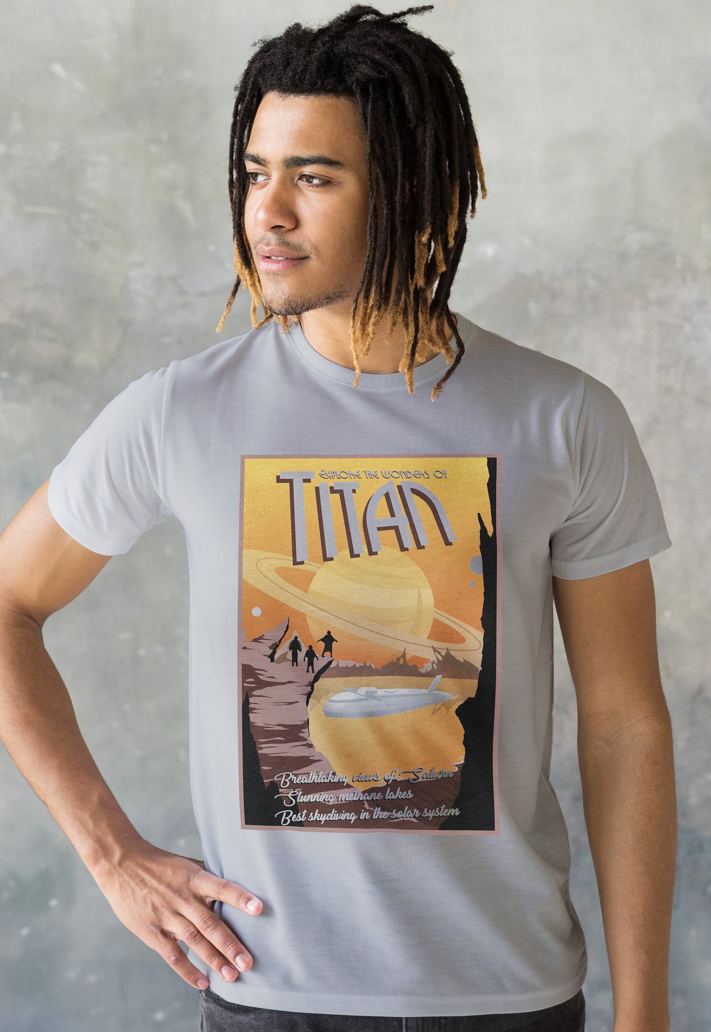 Visit Titan T Shirt Retro Travel Poster Hard Science Sci Fi Geek Geeky Astronomy Mars Saturn Mission Cosmos Space Men's Unisex Printed Tee