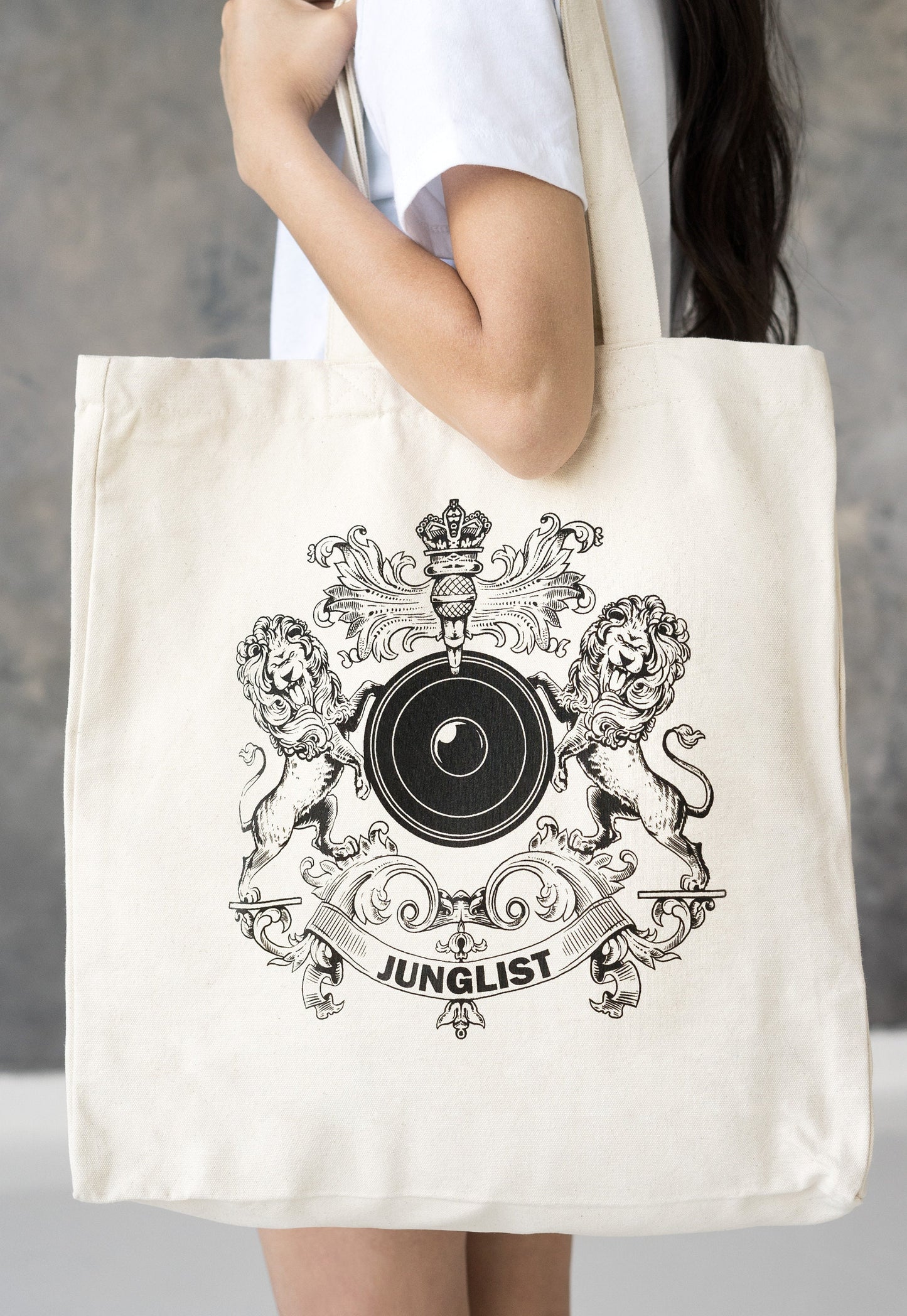 Junglist Coat Of Arms Canvas Tote - Crest Drum and Bass DJ & DnB Music Festival Print Cotton Shopper Bag Screen Printed Eco Friendly Market