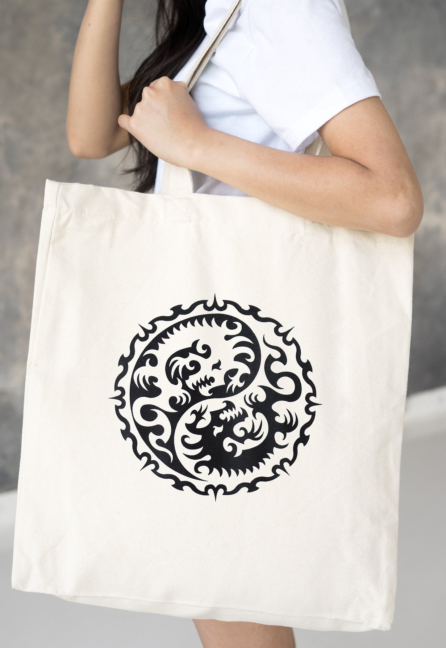 Yin Yang Dragons Cotton Canvas Tote Taoism Chinese Japanese Japan Dragon Yoga Tai Chi Shopper Bag Screen Printed Eco Friendly Market Tote