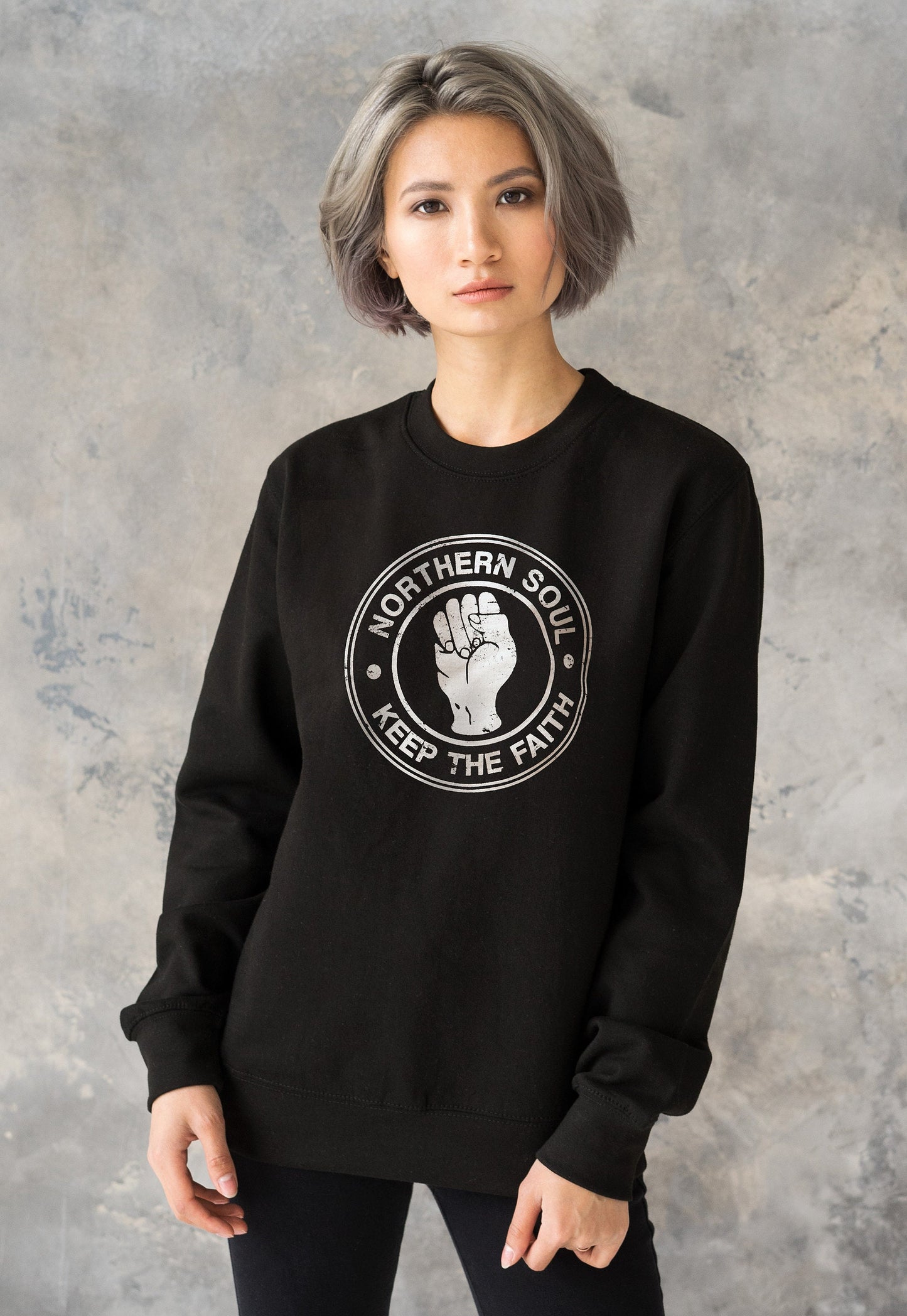 Northern Soul Keep The Faith Sweatshirt Fist Logo Retro Mods 60s 70s Music Women's Men's Graphic Screen Printed Jumper Sweater Pullover Top