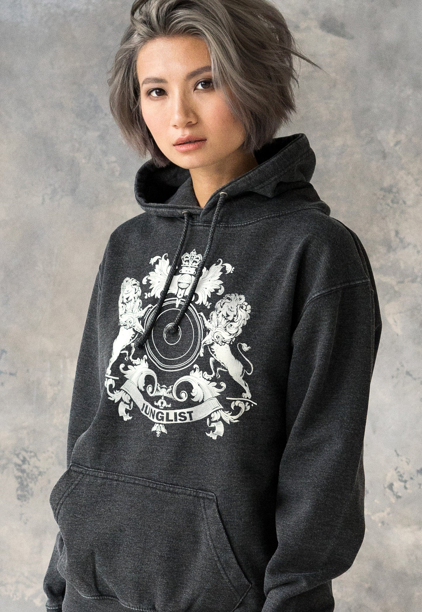 Junglist Coat Of Arms Hoodie Drum and Bass Jungle Crest Female DJ & Music Producer Festival Sweatshirt Washed Brushed Womens Mens Hooded Top