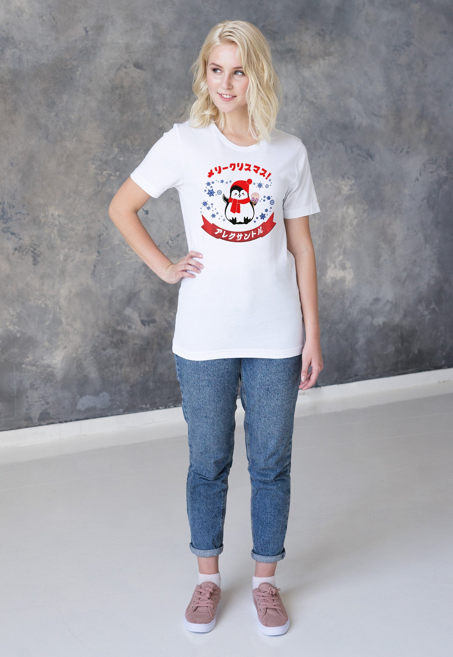 Custom Japanese T Shirt Kawaii Christmas Penguin Your Name Anime Manga Personalised Message Holiday Xmas Gift Cute Womens Girls Mens Tee Top