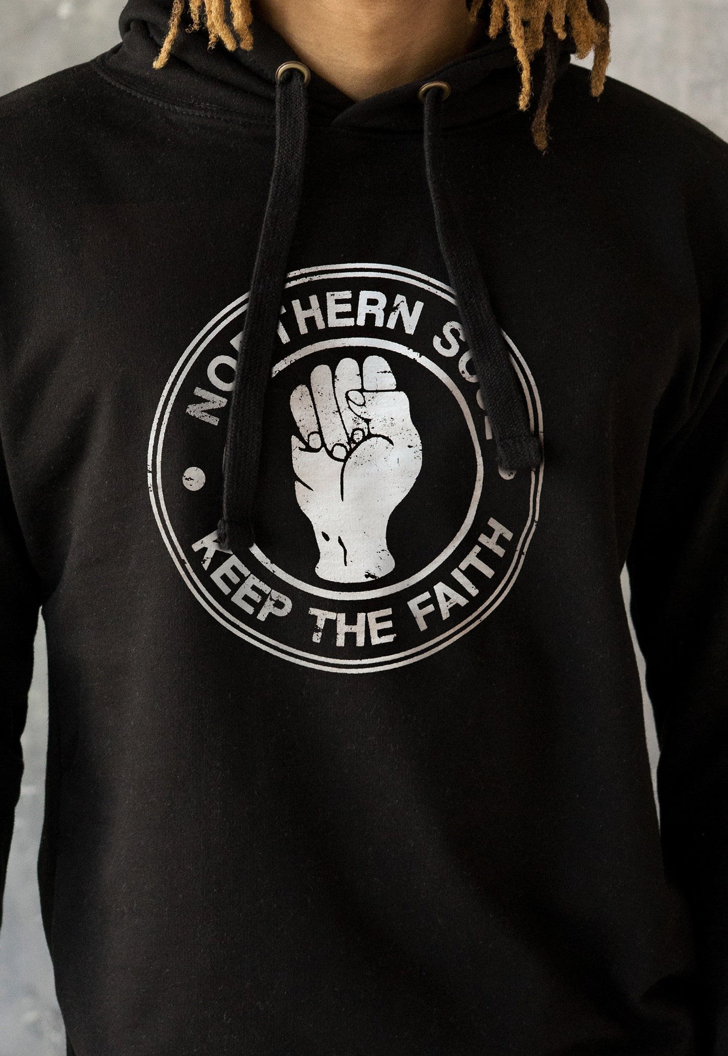 Northern Soul Keep The Faith Hoodie Fist Logo Burnout Distressed Retro DJ 60s 70s Mod Mods Music Producer Mens Sweatshirt Printed Hooded Top