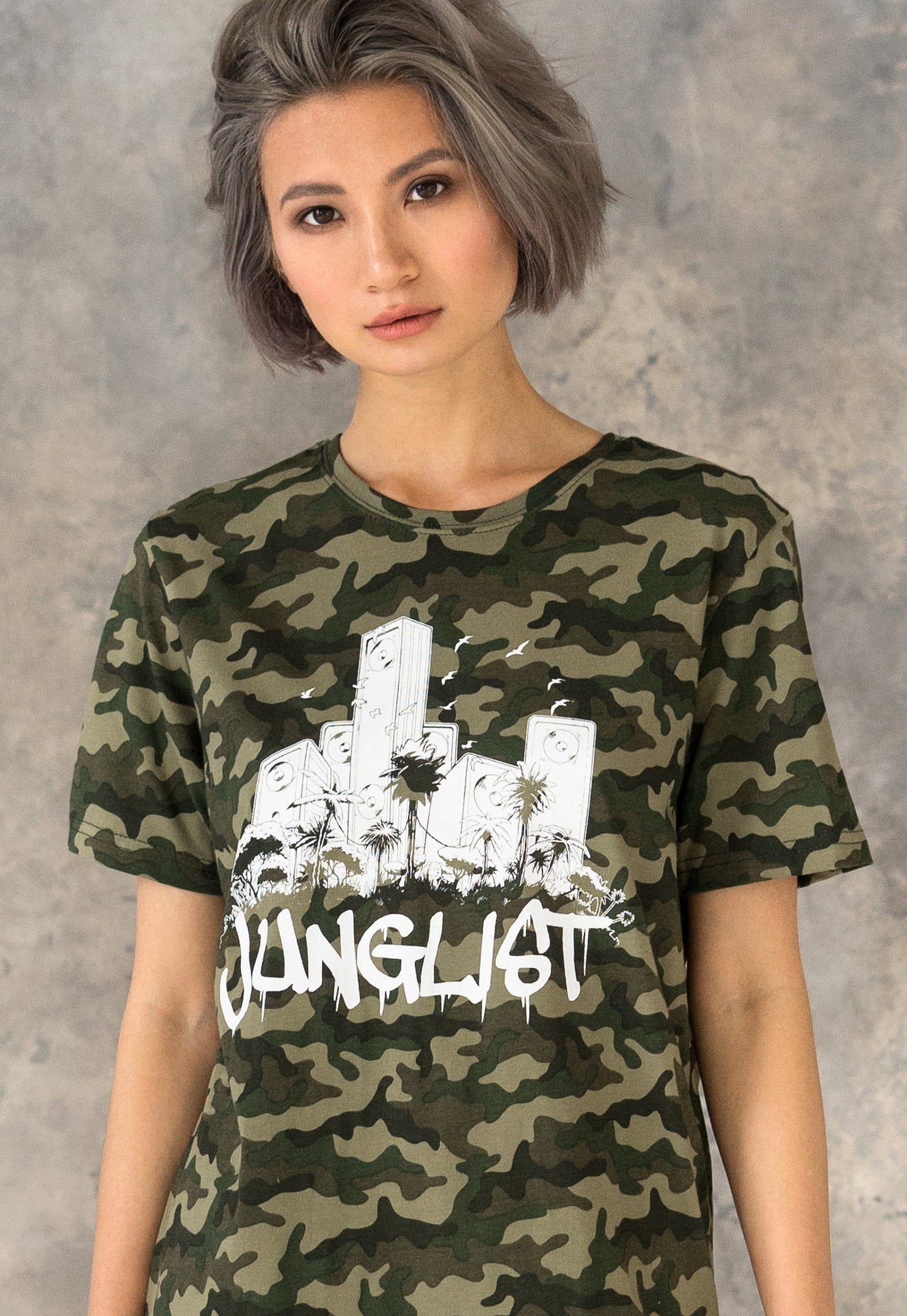 Junglist Sound System T Shirt Jungle Massive Drum and Bass DJ & Synth Music Producer Amen Camo Camouflage Graphic Womens Printed Tee Top