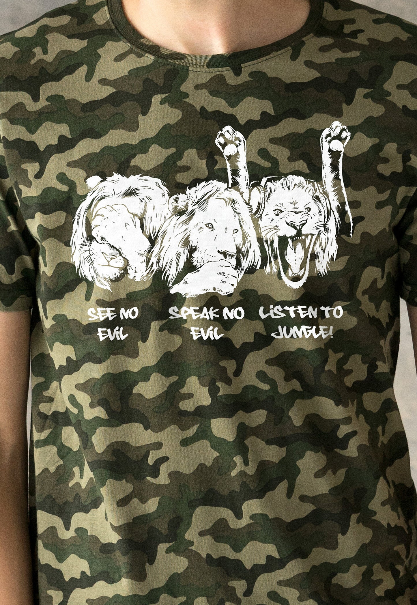 Junglist Lions T Shirt Jungle Massive Drum and Bass DJ & Synth Music Amen Slogan Funny Camo Camouflage Men's Women's Graphic Printed Tee