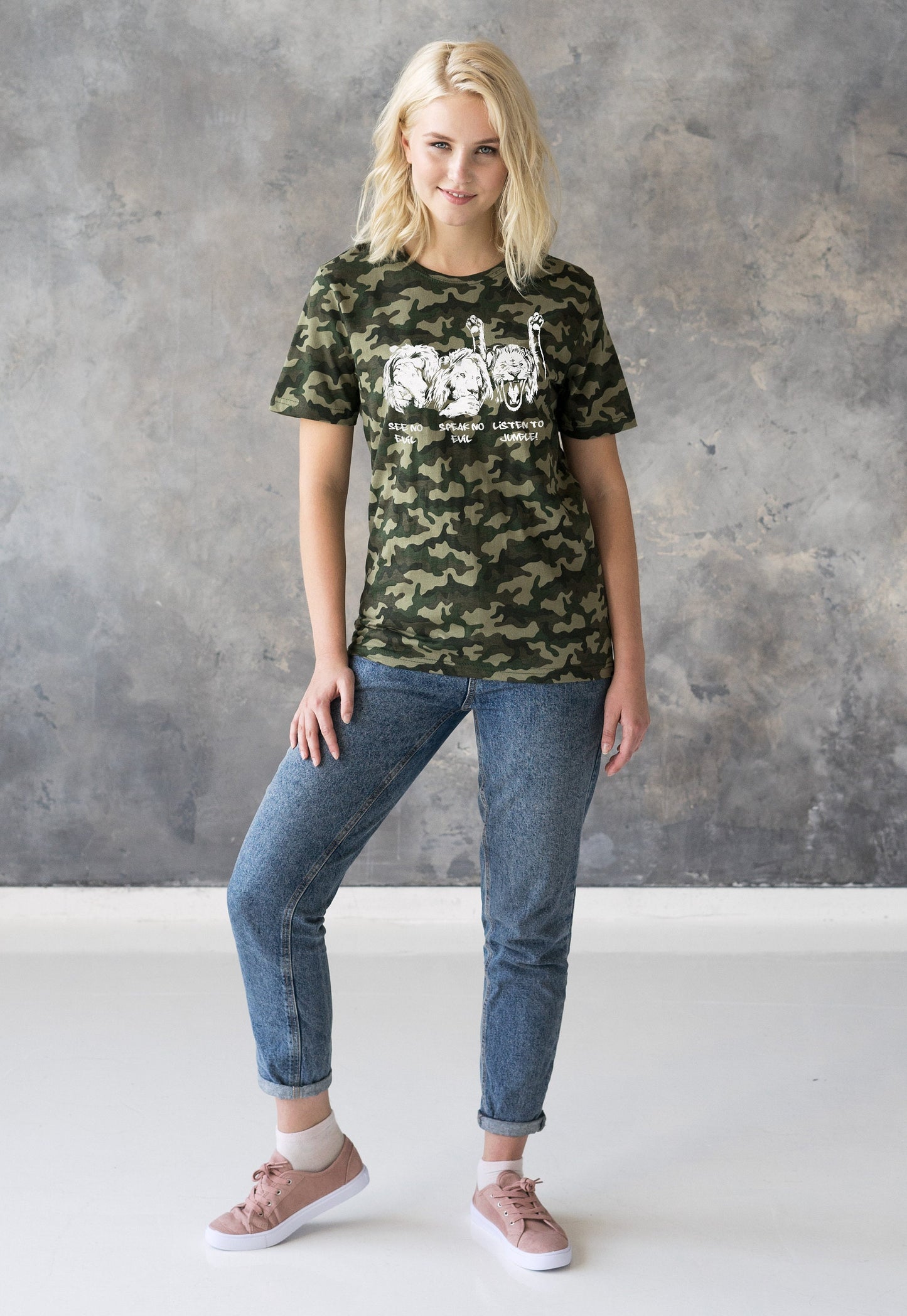 Junglist Lions T Shirt Jungle Massive Drum and Bass Female DJ & Synth Music Amen Slogan Camo Camouflage Women's Mens Graphic Printed Tee
