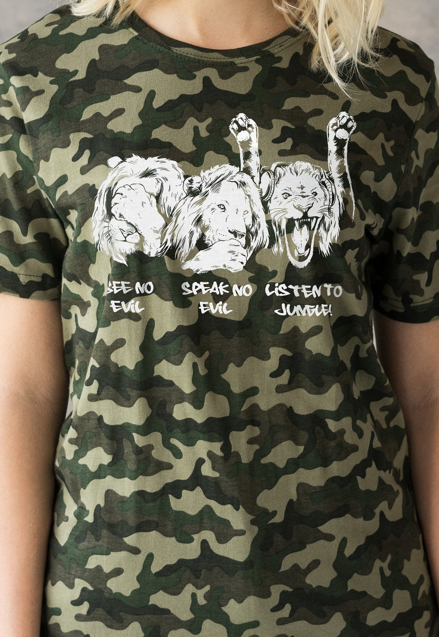 Junglist Lions T Shirt Jungle Massive Drum and Bass Female DJ & Synth Music Amen Slogan Camo Camouflage Women's Mens Graphic Printed Tee