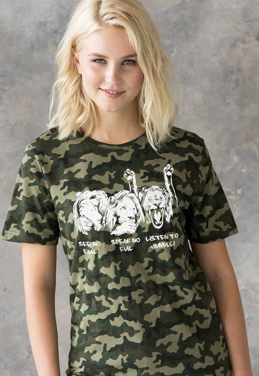 Junglist Lions T Shirt Jungle Massive Drum and Bass Female DJ & Synth Music Amen Slogan Camo Camouflage Women's Mens Graphic Printed Tee