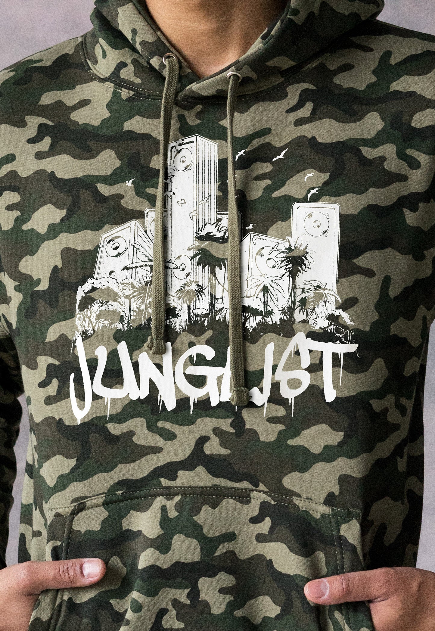 Junglist Sound System Camo Hoodie - Drum and Bass Rhythm Machine Synth DnB Amen Music Producer Mens Camouflage Sweatshirt Printed Hooded Top