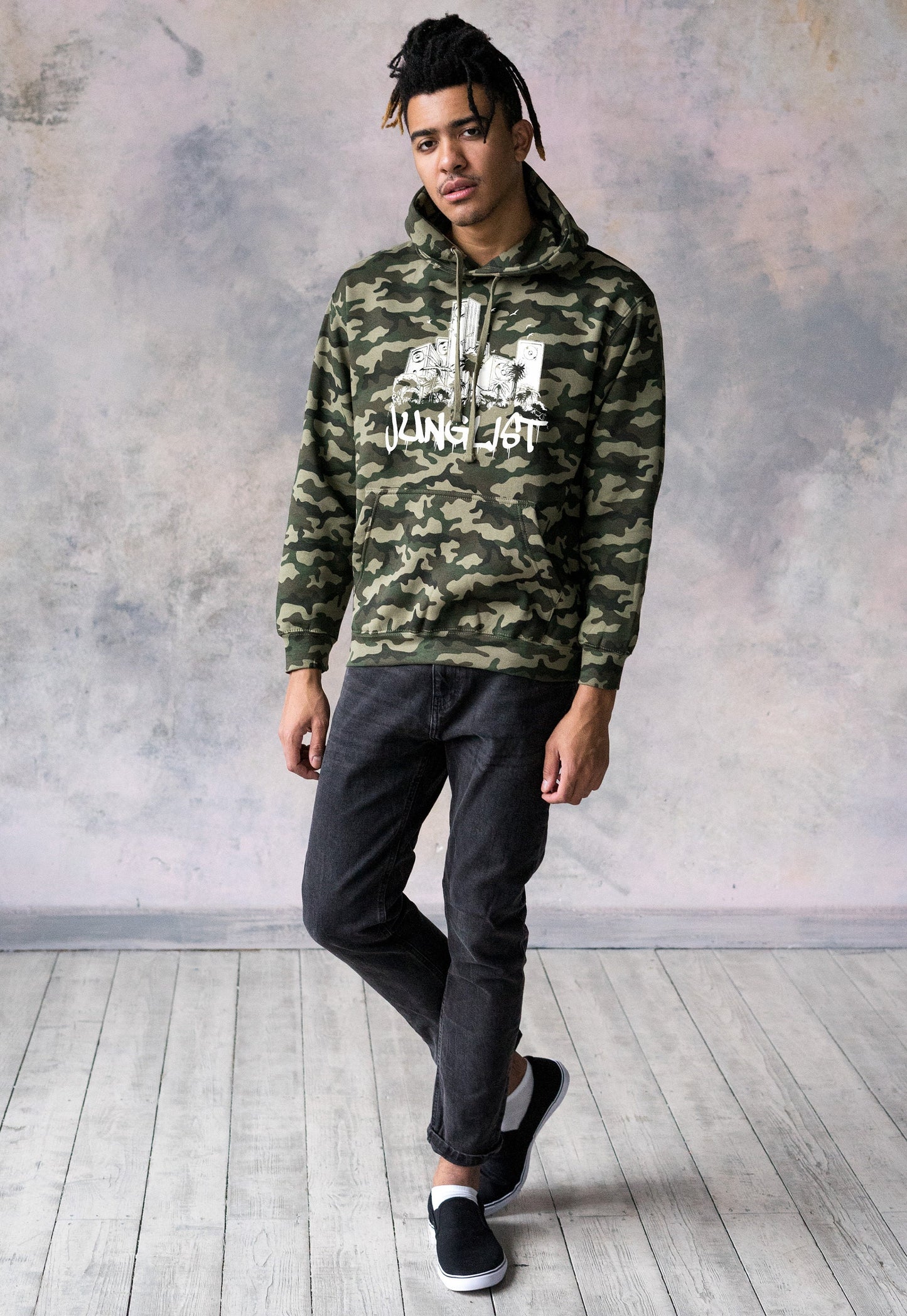Junglist Sound System Camo Hoodie - Drum and Bass Rhythm Machine Synth DnB Amen Music Producer Mens Camouflage Sweatshirt Printed Hooded Top