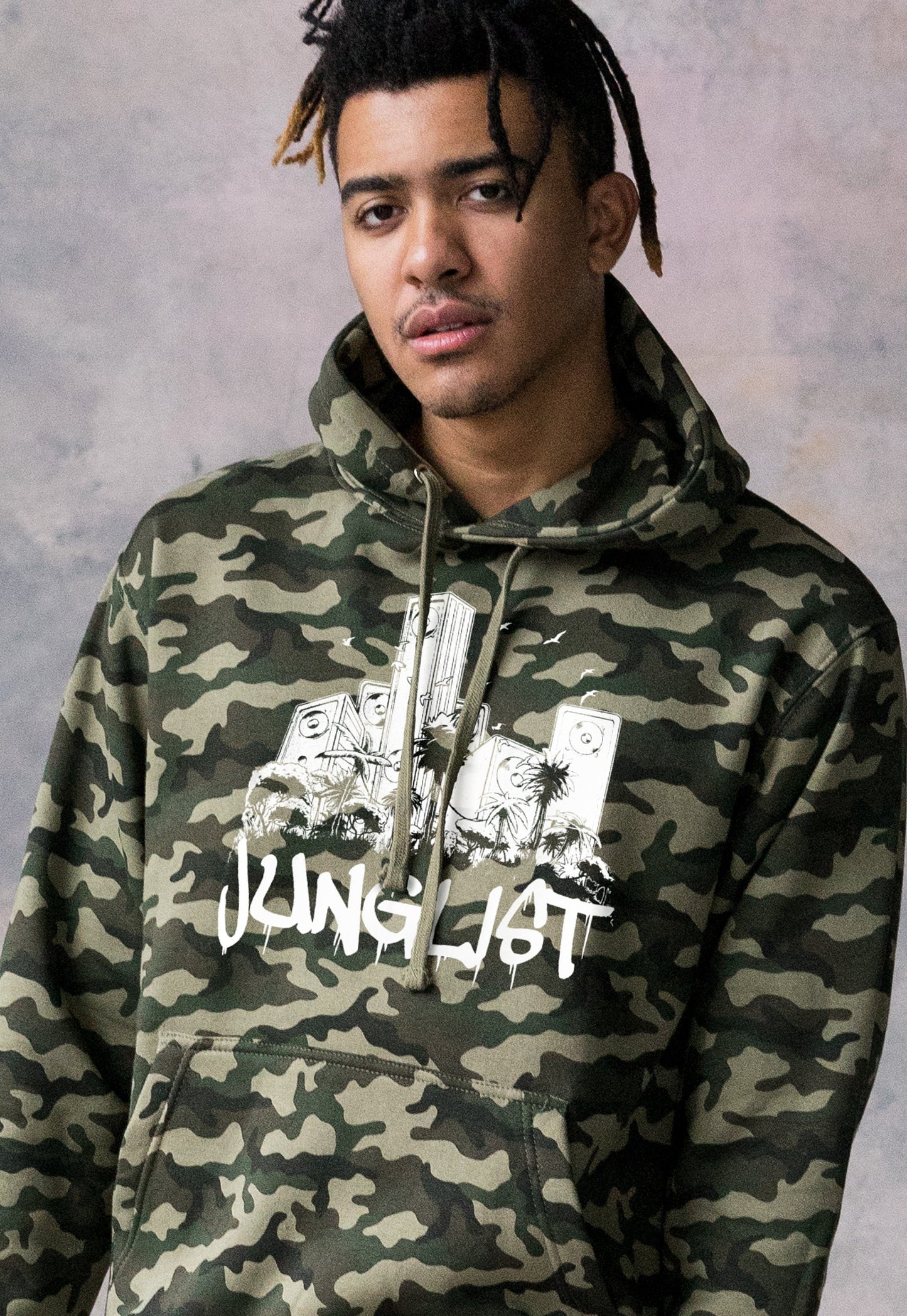 Junglist Sound System Camo Hoodie - Drum and Bass Rhythm Machine Synth DnB Amen Music Producer Mens Camouflage Sweatshirt Printed Hooded Top