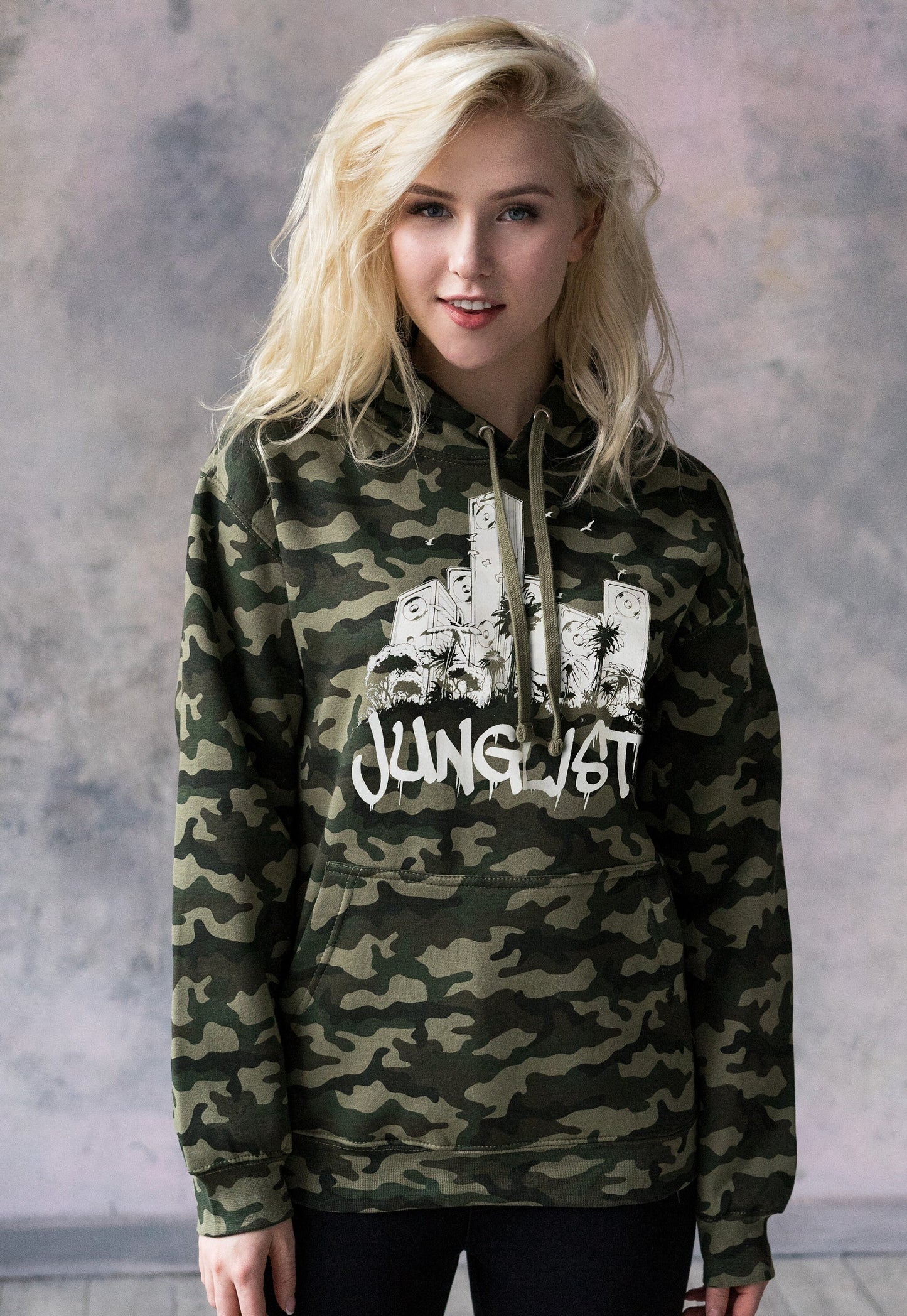 Junglist Sound System Camo Hoodie - Drum and Bass Rhythm Machine Synth DnB Amen Music Producer Mens Camouflage Sweatshirt Printed Hooded Top