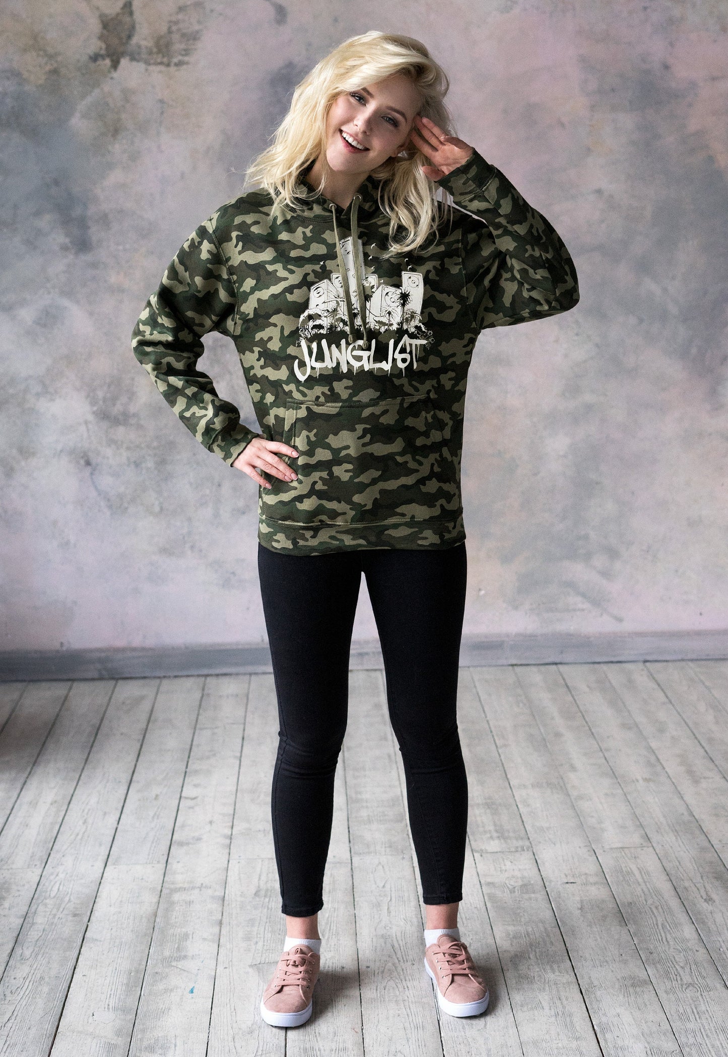 Junglist Sound System Camo Hoodie - Drum and Bass Rhythm Machine Synth DnB Amen Music Producer Mens Camouflage Sweatshirt Printed Hooded Top