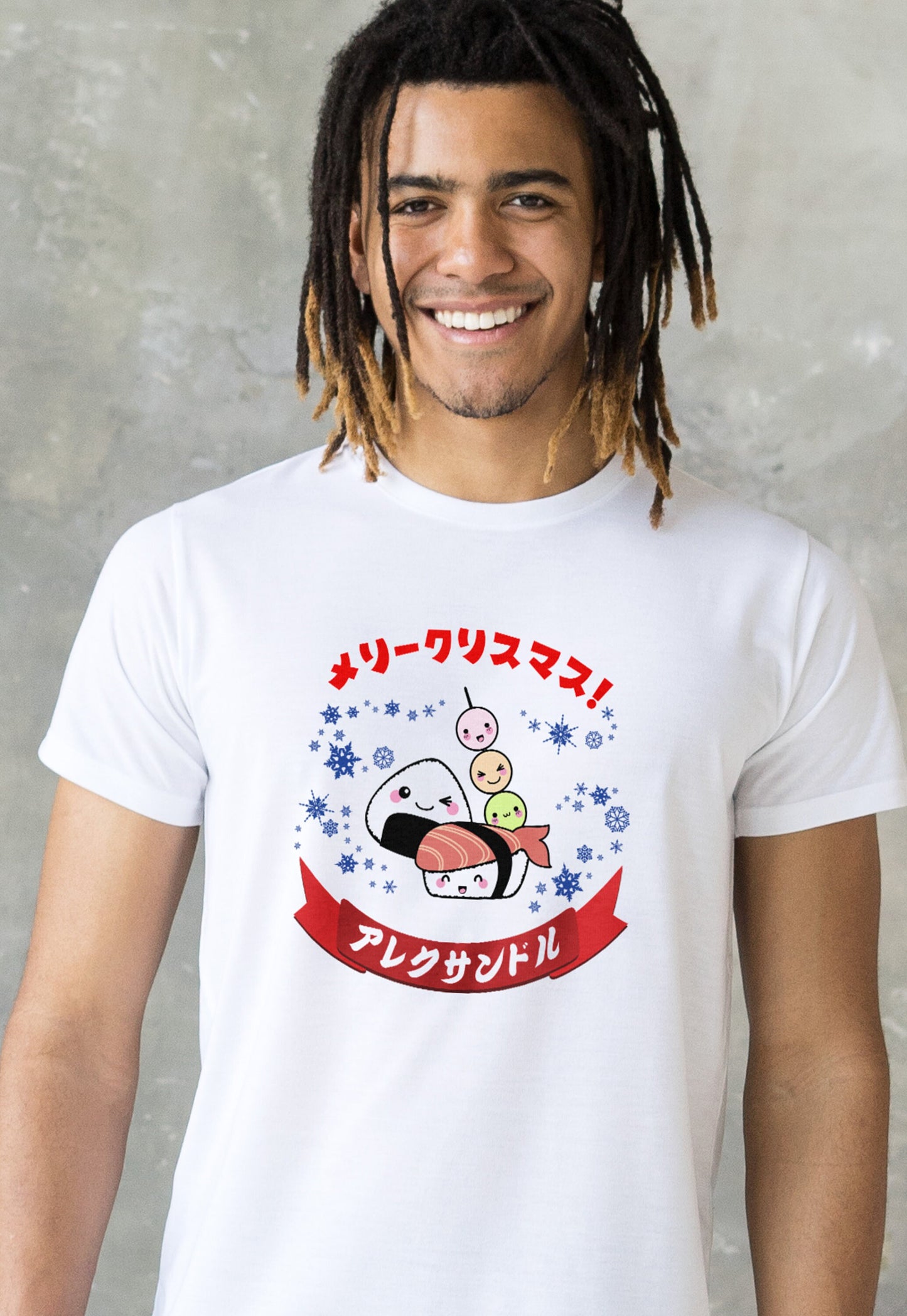 Custom Japanese T Shirt Kawaii Sushi Christmas Calligraphy Your Name Anime Manga Personalised Message Holiday Xmas Cute Women's Men's Tee