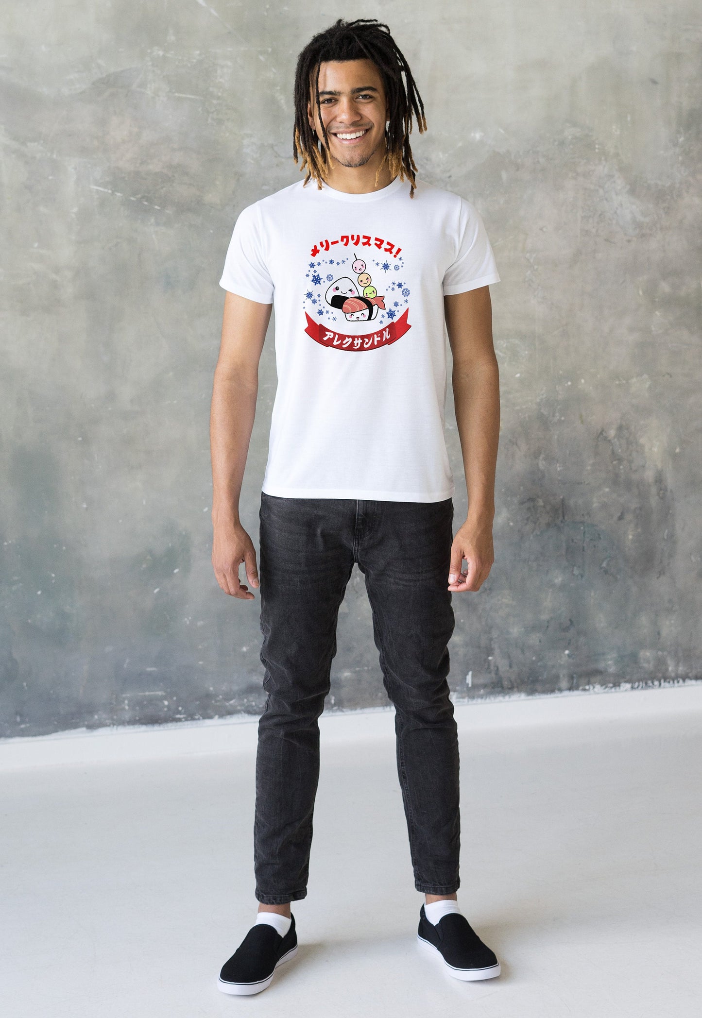Custom Japanese T Shirt Kawaii Sushi Christmas Calligraphy Your Name Anime Manga Personalised Message Holiday Xmas Cute Women's Men's Tee