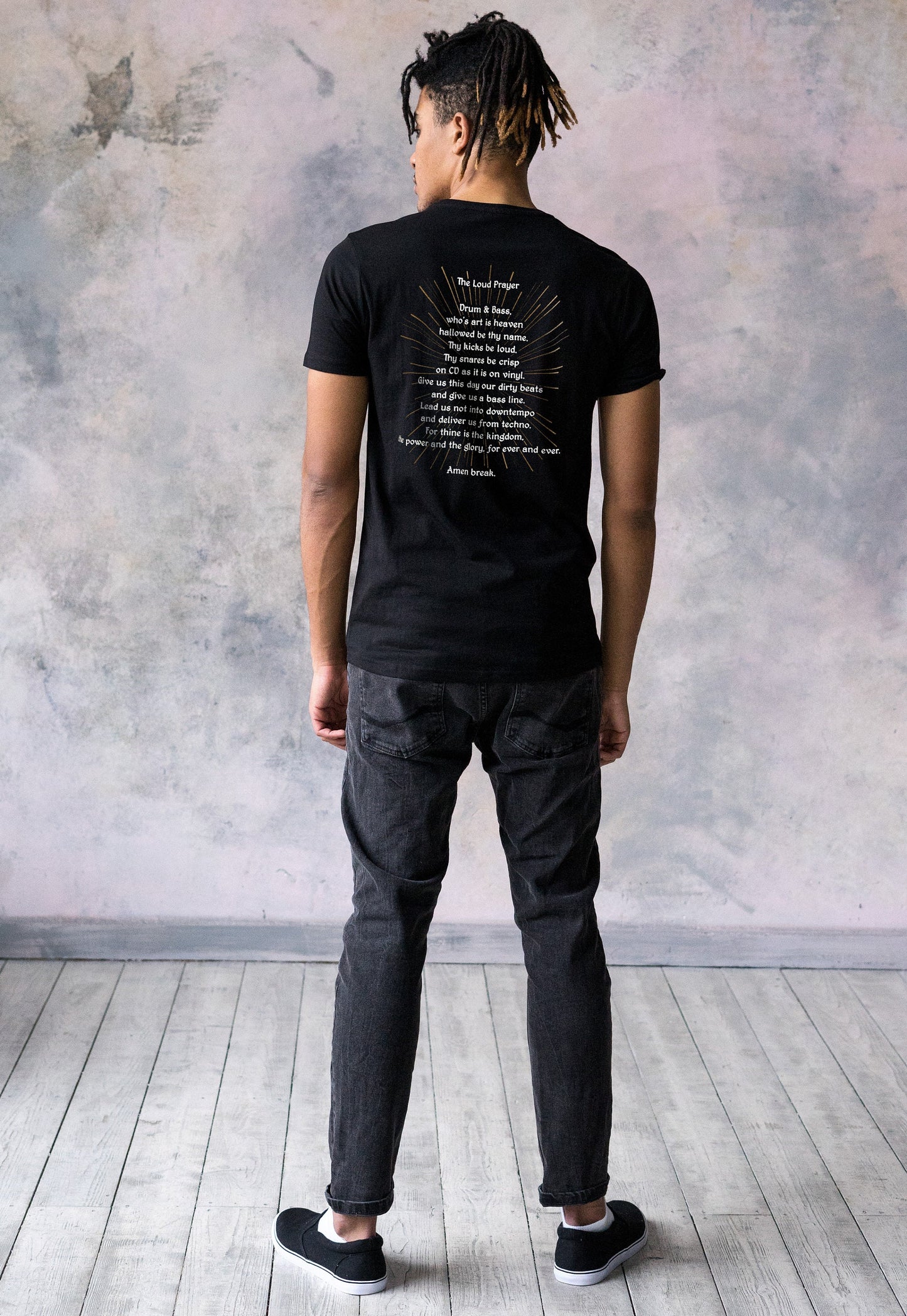 Drum and Bass Prayer T Shirt Back Print Junglist Neurofunk DJ Rhythm Machine Synth Synthesizer Amen DnB Dubstep Mens Womens Printed Tee Top