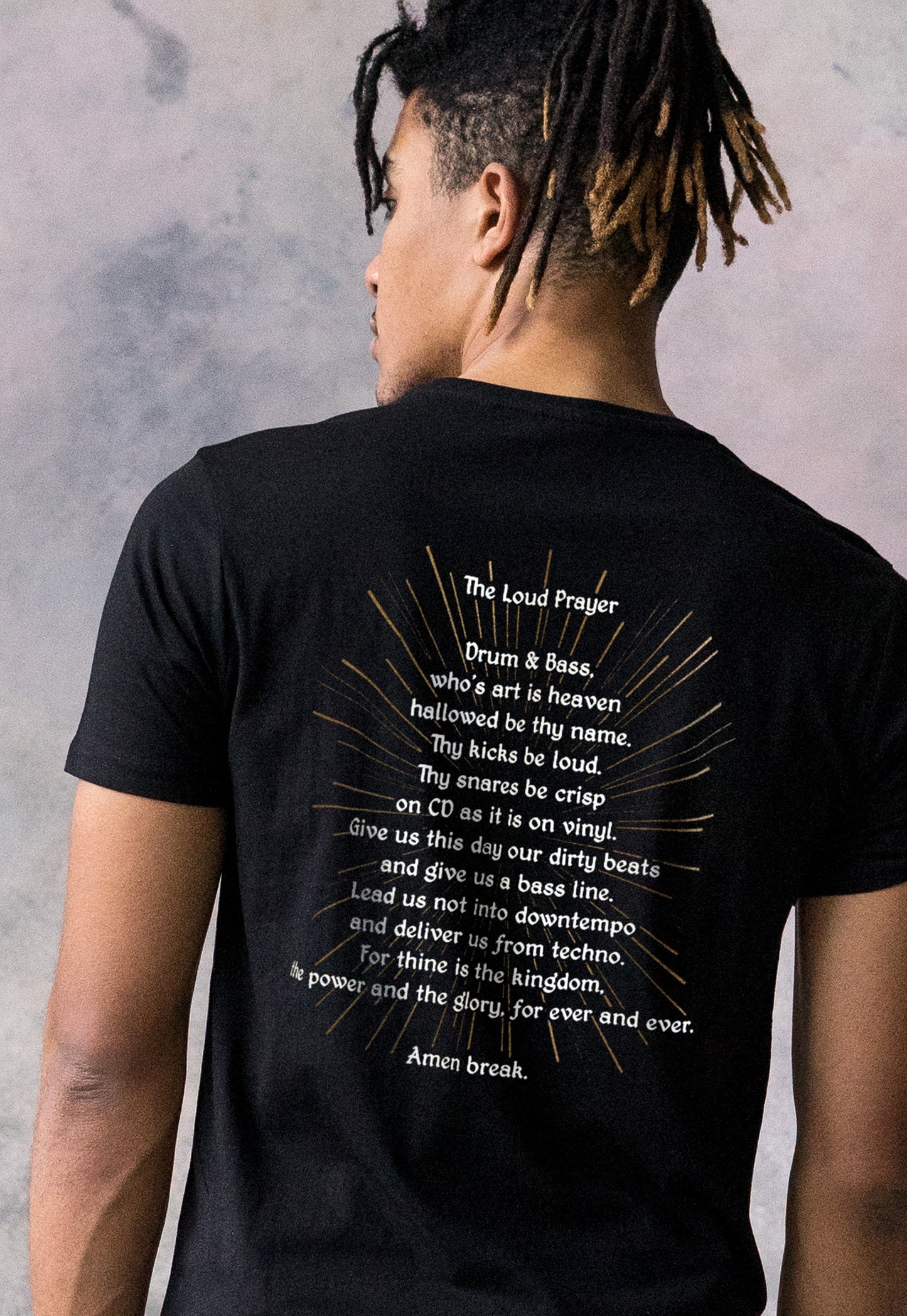 Drum and Bass Prayer T Shirt Back Print Junglist Neurofunk DJ Rhythm Machine Synth Synthesizer Amen DnB Dubstep Mens Womens Printed Tee Top