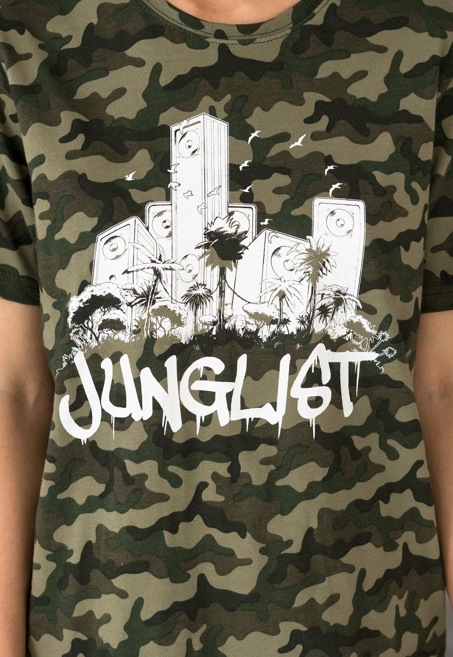 Junglist Sound System T Shirt Jungle Massive Drum and Bass DJ & Synth Music Producer Amen Camo Camouflage Graphic Womens Printed Tee Top