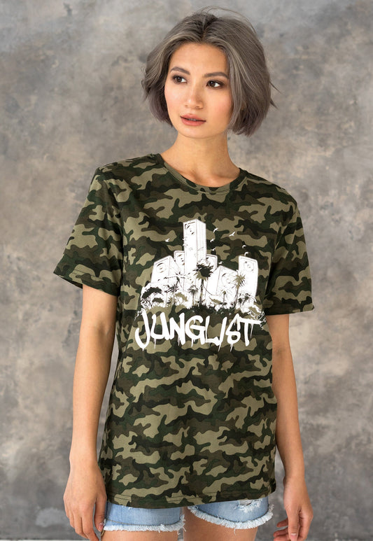Junglist Sound System T Shirt Jungle Massive Drum and Bass DJ & Synth Music Producer Amen Camo Camouflage Graphic Womens Printed Tee Top