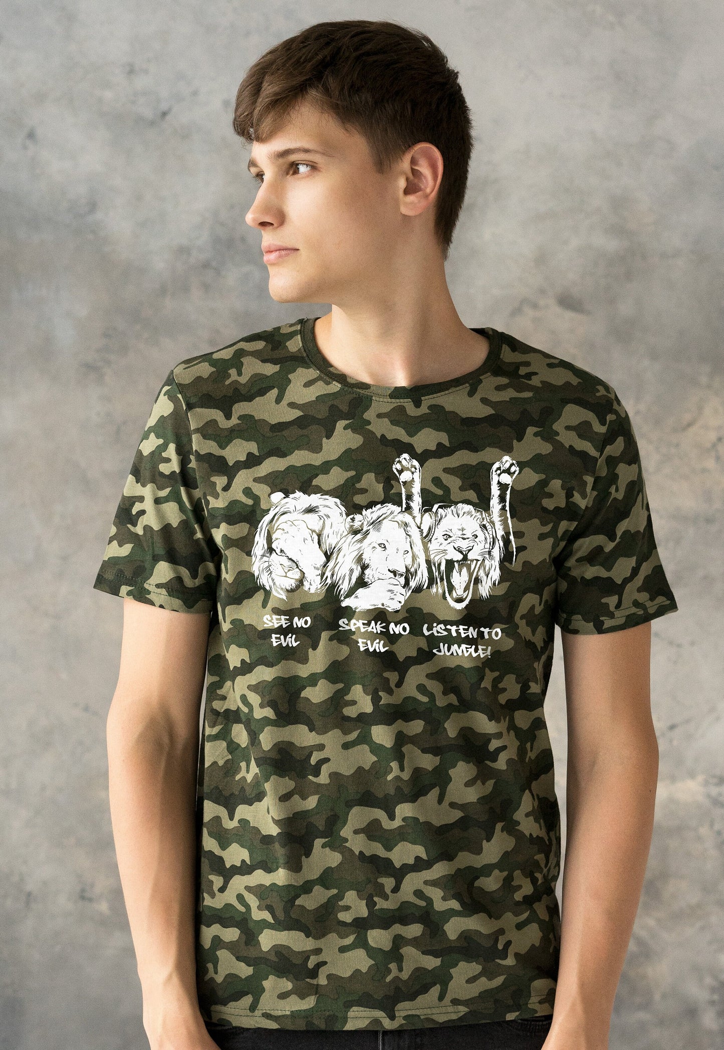Junglist Lions T Shirt Jungle Massive Drum and Bass DJ & Synth Music Amen Slogan Funny Camo Camouflage Men's Women's Graphic Printed Tee