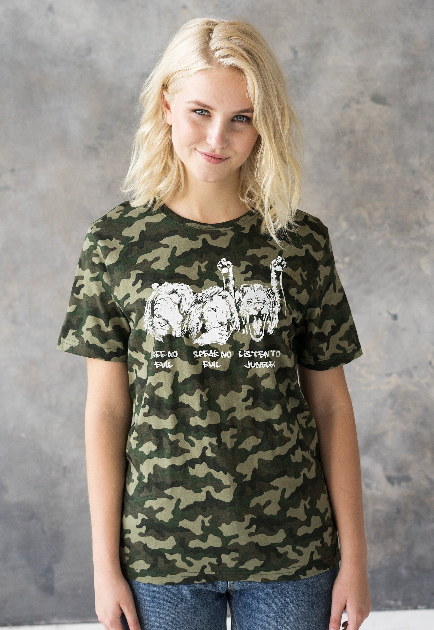 Junglist Lions T Shirt Jungle Massive Drum and Bass Female DJ & Synth Music Amen Slogan Camo Camouflage Women's Mens Graphic Printed Tee