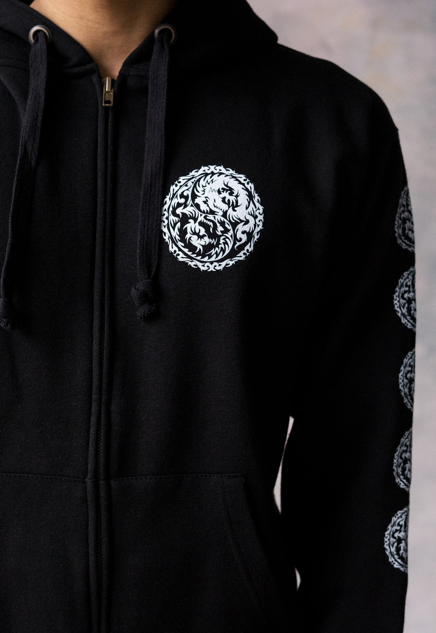 Yin Yang Dragons Zip Up Hoodie - Taoism Chinese Japanese Dragon Taijitu Martial Arts Yoga Tai Chi Mens Womens Sweatshirt Full Zip Hooded Top