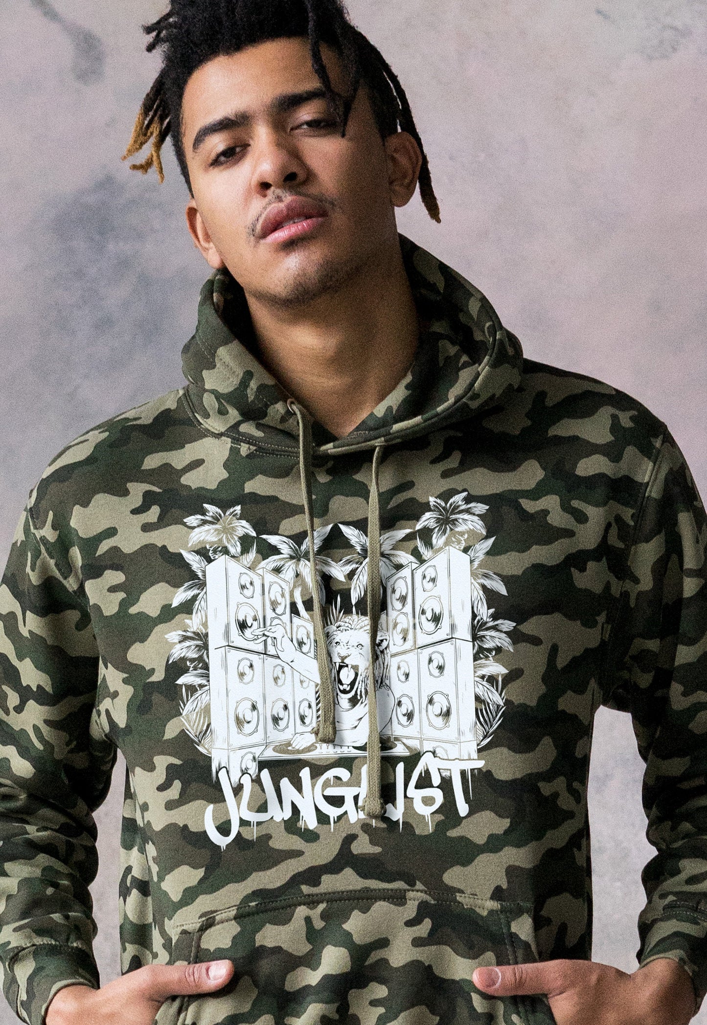 Junglist Lion DJ Decks Camo Hoodie Drum and Bass Dreads Jungle Synth Amen Music Producer Camouflage Sweatshirt Mens Women Printed Hooded Top