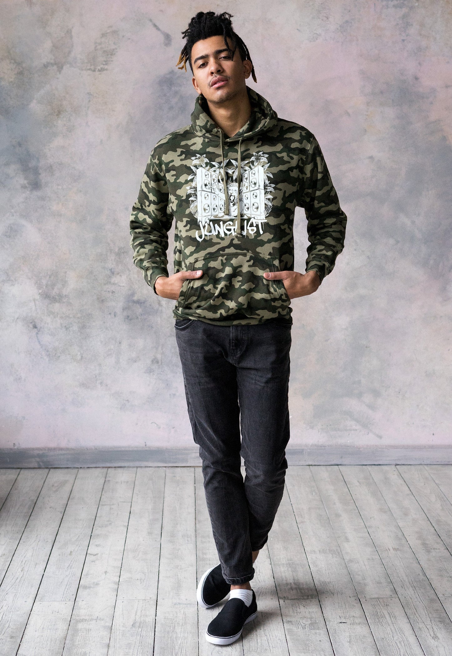 Junglist Lion DJ Decks Camo Hoodie Drum and Bass Dreads Jungle Synth Amen Music Producer Camouflage Sweatshirt Mens Women Printed Hooded Top