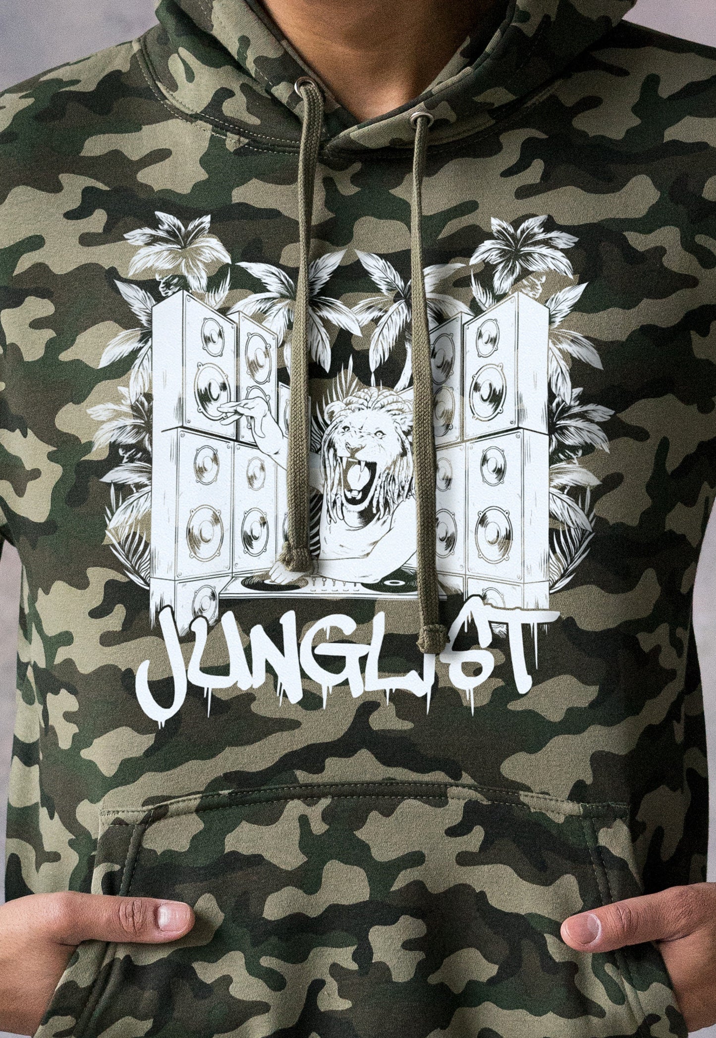 Junglist Lion DJ Decks Camo Hoodie Drum and Bass Dreads Jungle Synth Amen Music Producer Camouflage Sweatshirt Mens Women Printed Hooded Top