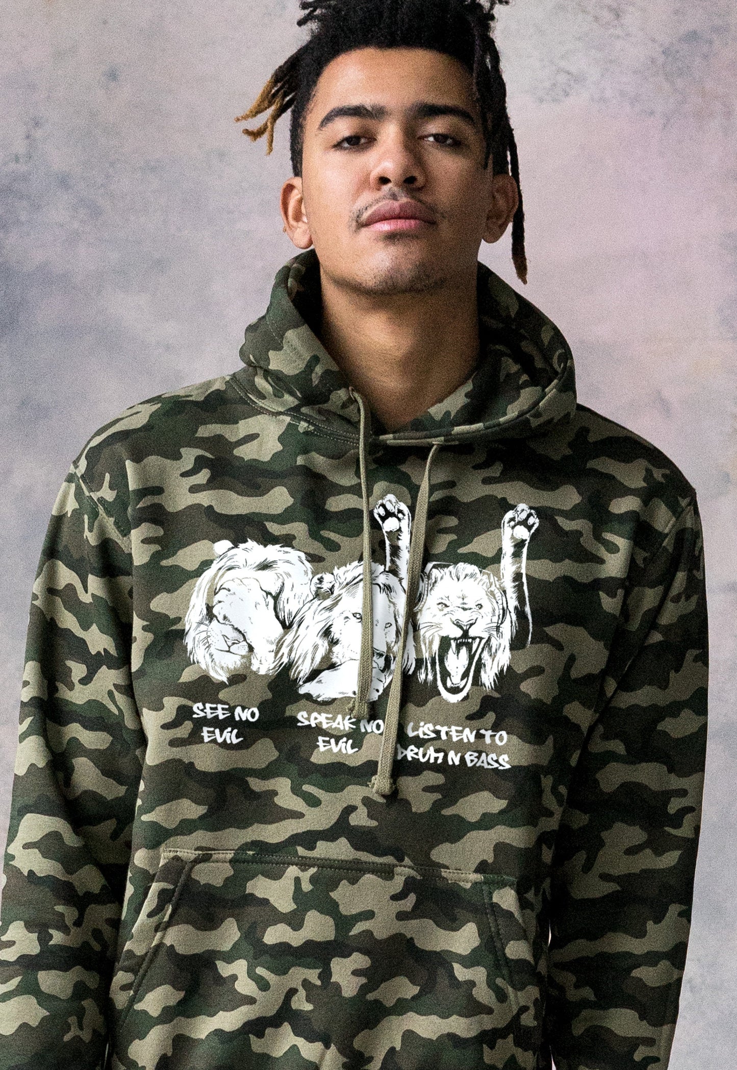 Drum and Bass Lions Camo Hoodie Junglist See Hear Speak No Evil Synth Amen Music Producer Mens Camouflage Sweatshirt Printed Hooded Top