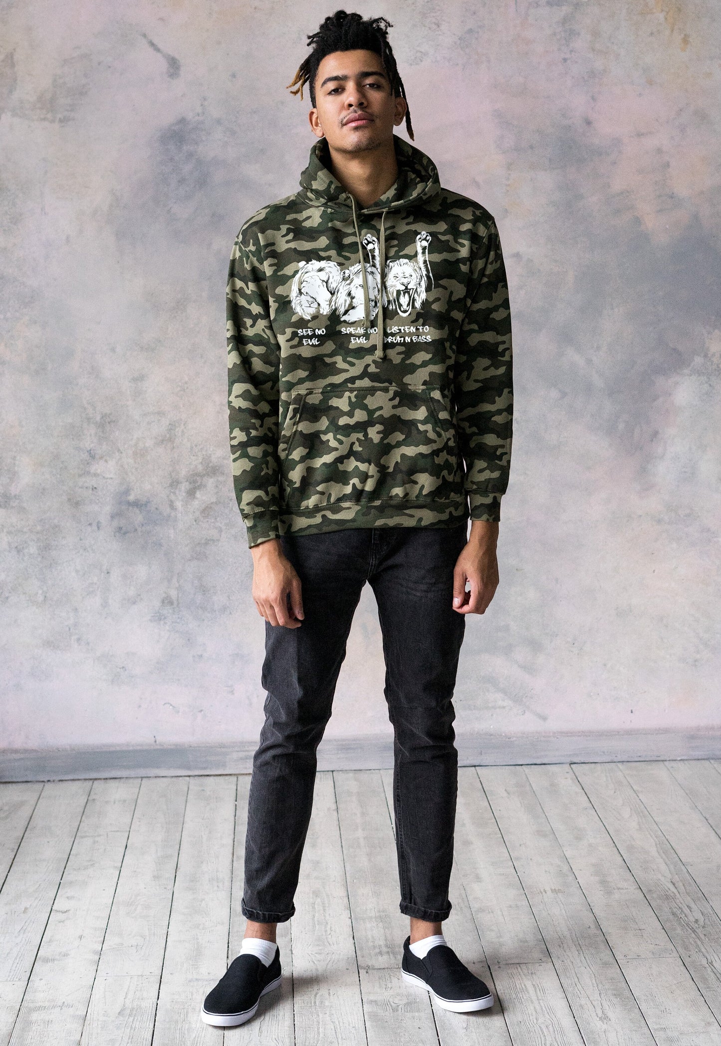 Drum and Bass Lions Camo Hoodie Junglist See Hear Speak No Evil Synth Amen Music Producer Mens Camouflage Sweatshirt Printed Hooded Top