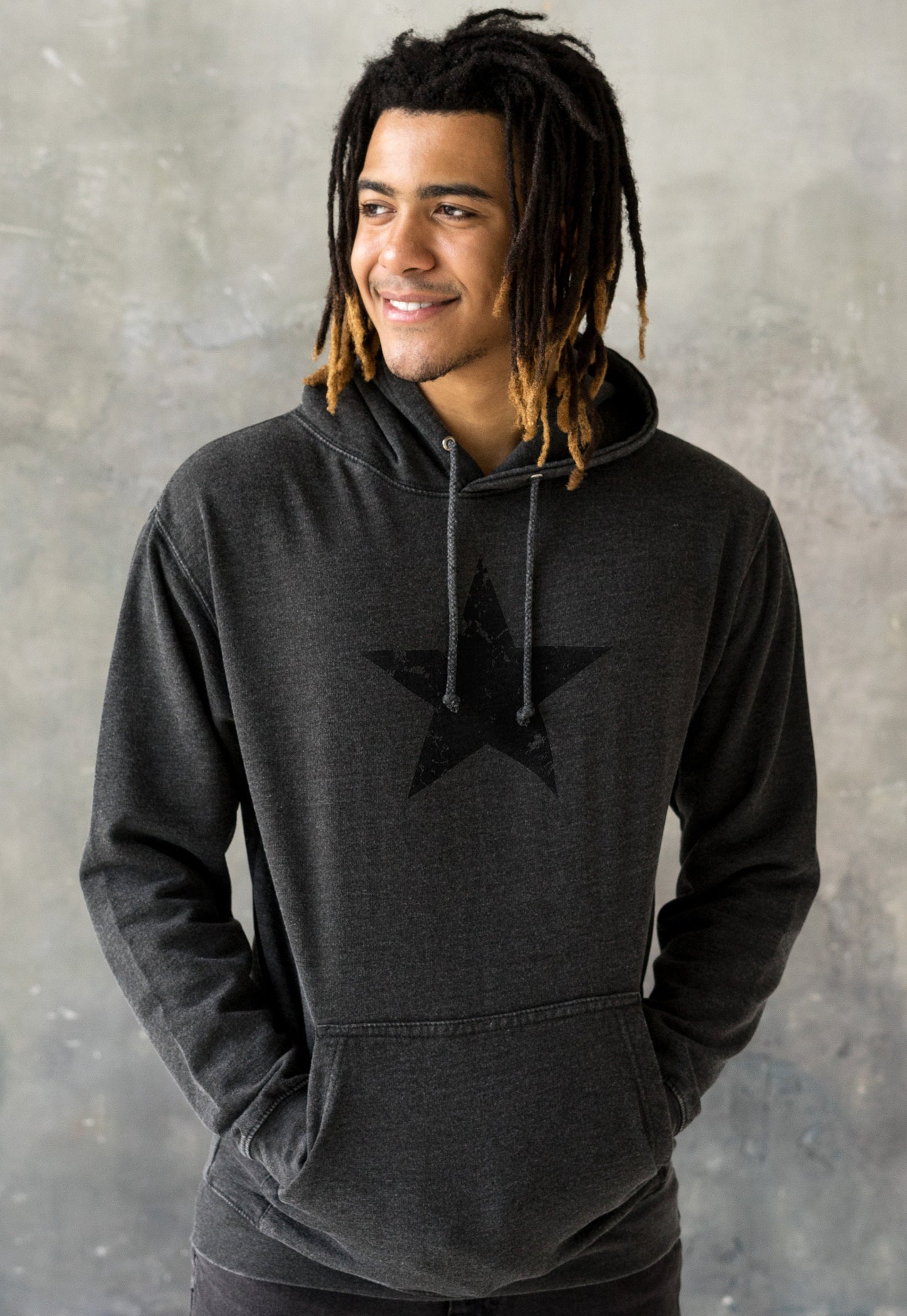 Black Distressed Star Hoodie Minimalist Abstract Geometric Streetwear Retro Graphic Design Womens Mens Sweatshirt Washed Brushed Hooded Top