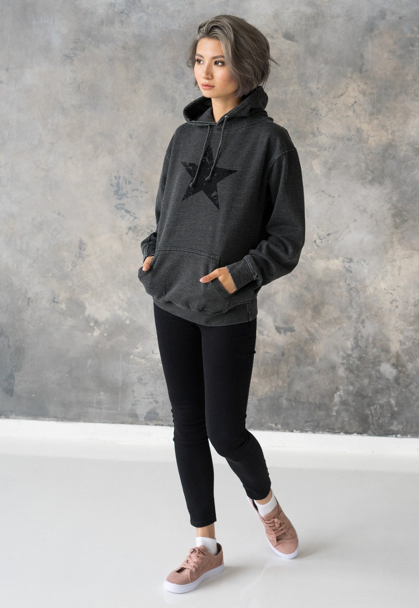 Black Distressed Star Hoodie Minimalist Abstract Geometric Streetwear Retro Graphic Design Womens Mens Sweatshirt Washed Brushed Hooded Top