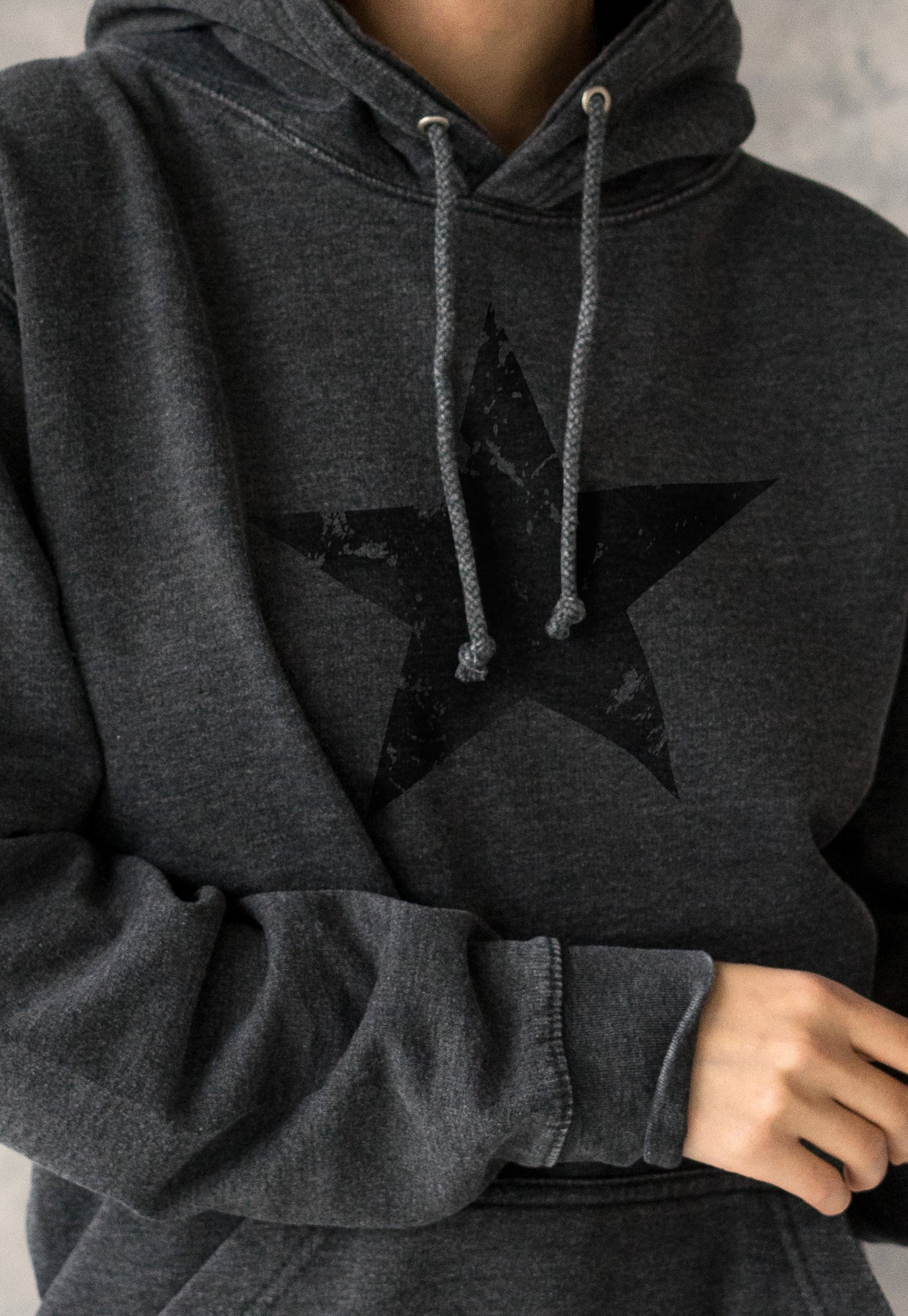 Black Distressed Star Hoodie Minimalist Abstract Geometric Streetwear Retro Graphic Design Womens Mens Sweatshirt Washed Brushed Hooded Top