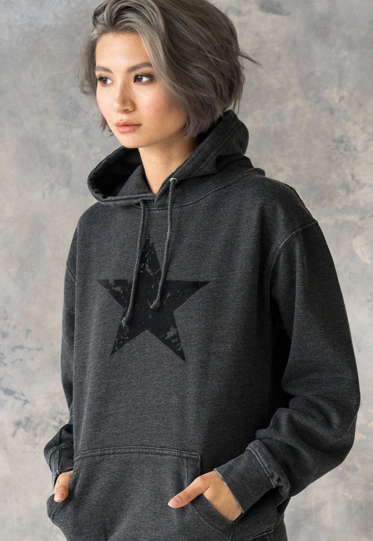 Black Distressed Star Hoodie Minimalist Abstract Geometric Streetwear Retro Graphic Design Womens Mens Sweatshirt Washed Brushed Hooded Top