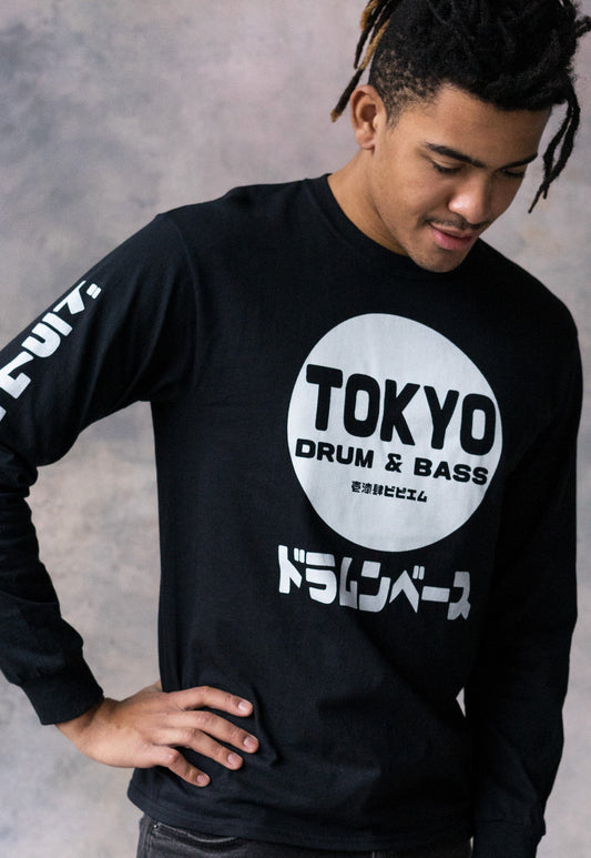 Tokyo Drum & Bass Long Sleeve T Shirt Japanese Writing Sleeve Print 174 BPM Junglist Synthesizer Synth Graphic Printed Mens Womens Japan Tee
