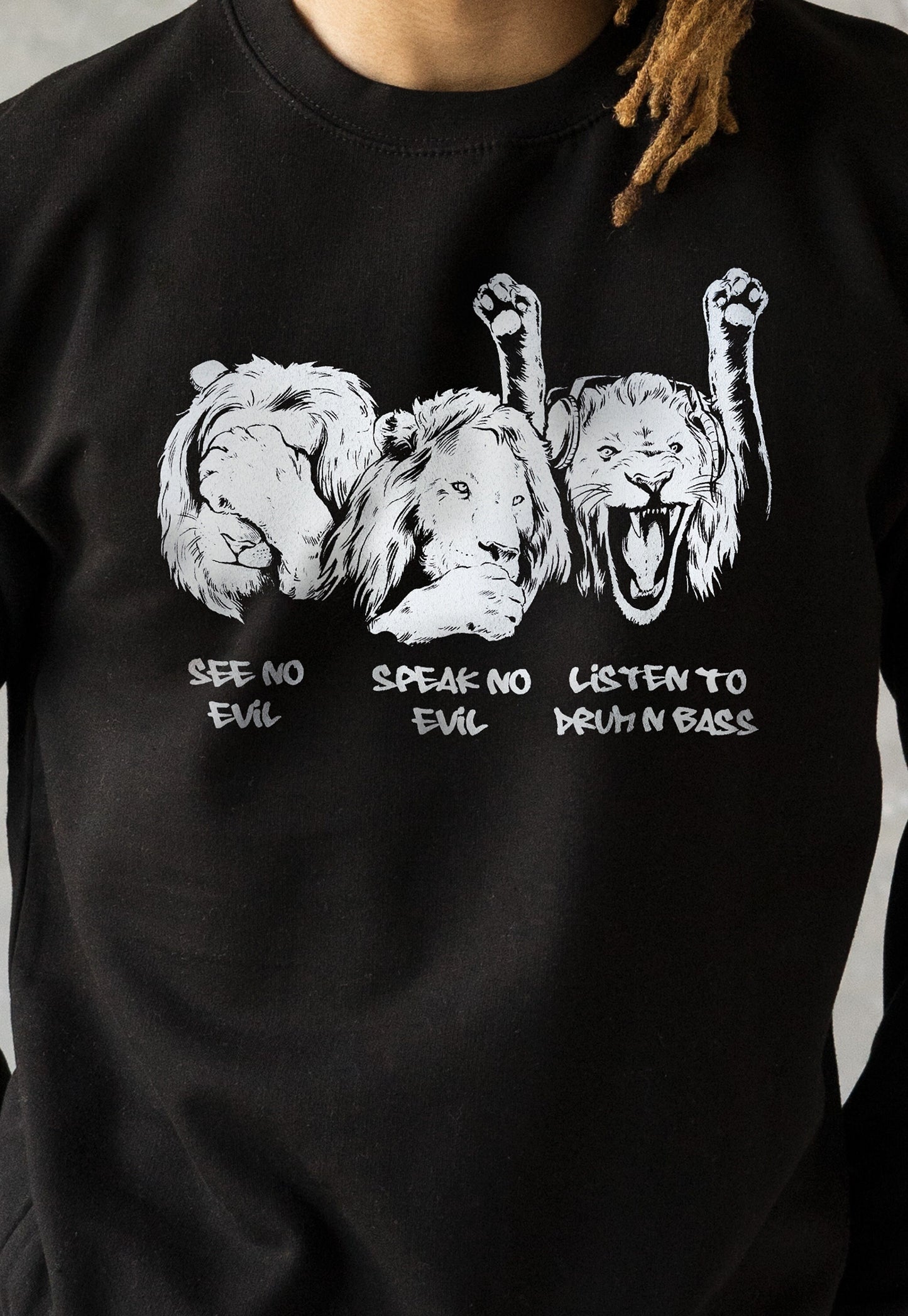 Drum and Bass Lions Sweatshirt See Hear Speak No Evil Jungle Massive Junglist DJ Synth Dreadlocks Music Producer Sweater Pullover Jumper Top