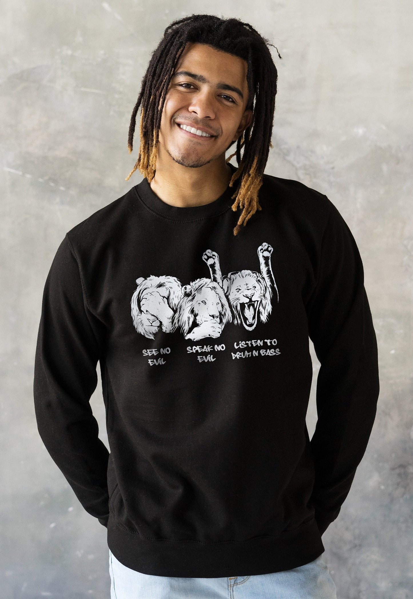 Drum and Bass Lions Sweatshirt See Hear Speak No Evil Jungle Massive Junglist DJ Synth Dreadlocks Music Producer Sweater Pullover Jumper Top
