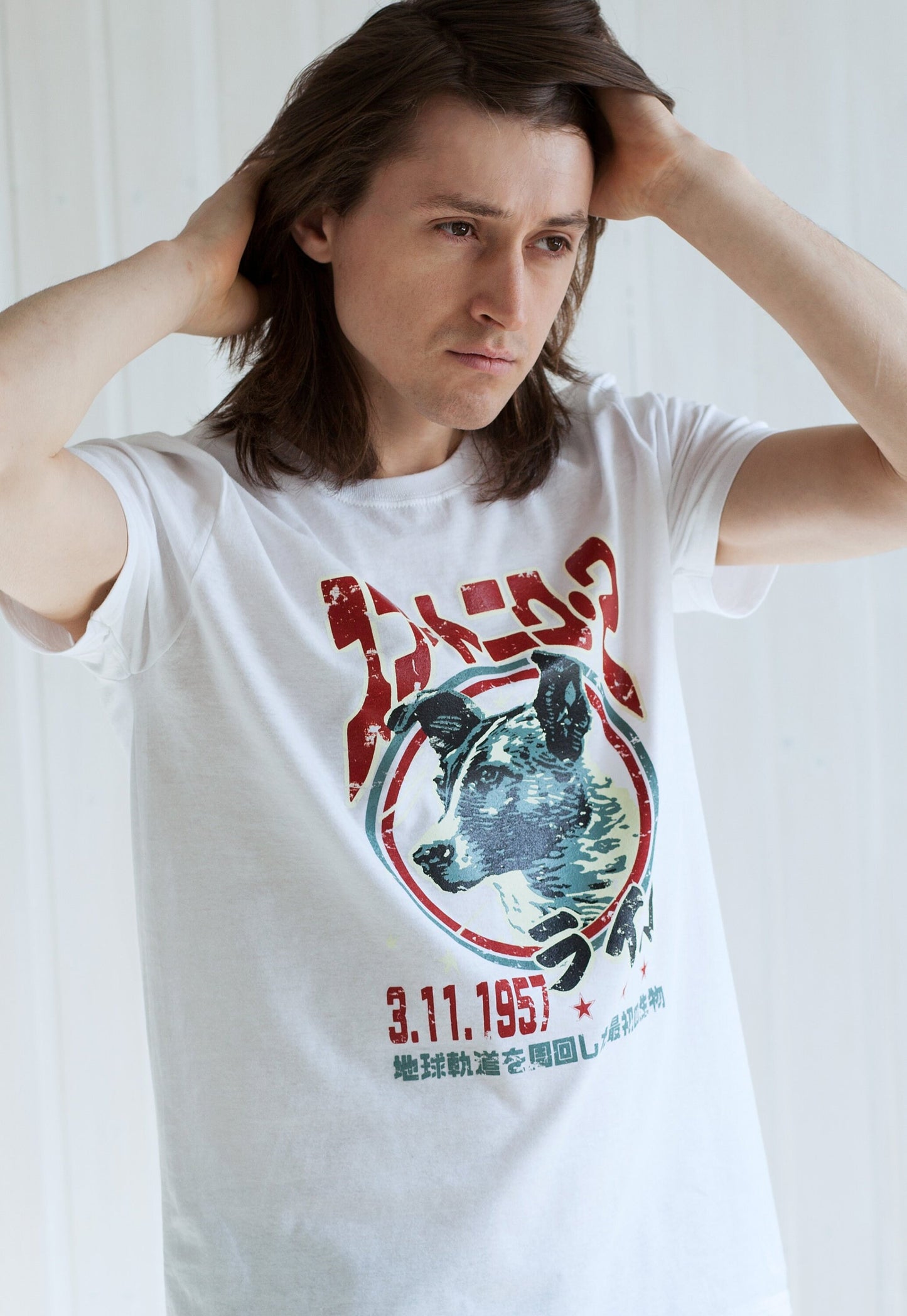 Laika The Space Dog T Shirt Japanese Soviet Retro Science Fiction Sci-Fi Mars Moon Geek Astronomy Cosmology Men's Women's Screen Printed Tee