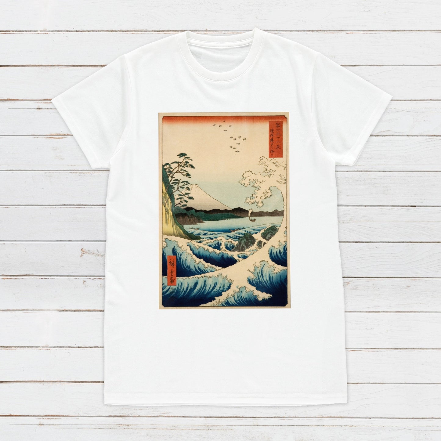 Japanese Ukiyo-e T Shirt Woodblock Art Hiroshige Sea Wave Fuji Mountain Print Japan Kanji Calligraphy Gifts Womens Mens Graphic Printed Tee