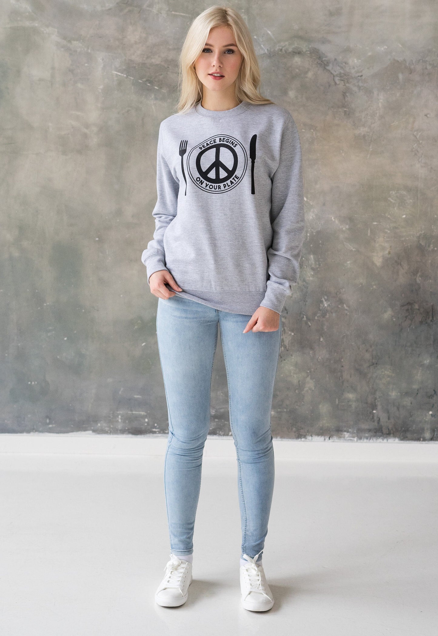 Vegan Sweatshirt - Peace Begins On Your Plate - Herbivore Animal Rights Activist Liberal Peace Sign Women's Men's Graphic Printed Top Jumper